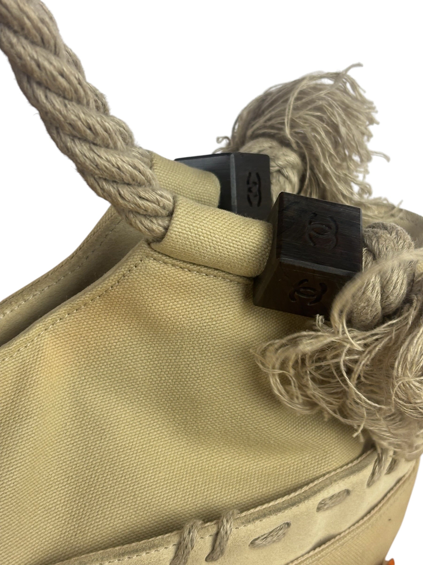 Chanel Vintage Beige Denim/Leather Trim Camellia Rope Tote
