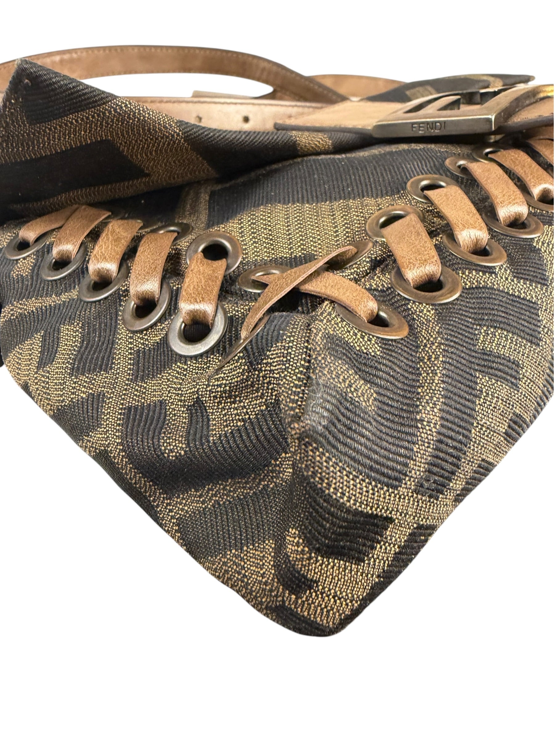 Fendi Vintage Brown Leather Trim Zucca Whipstitch XL Baguette