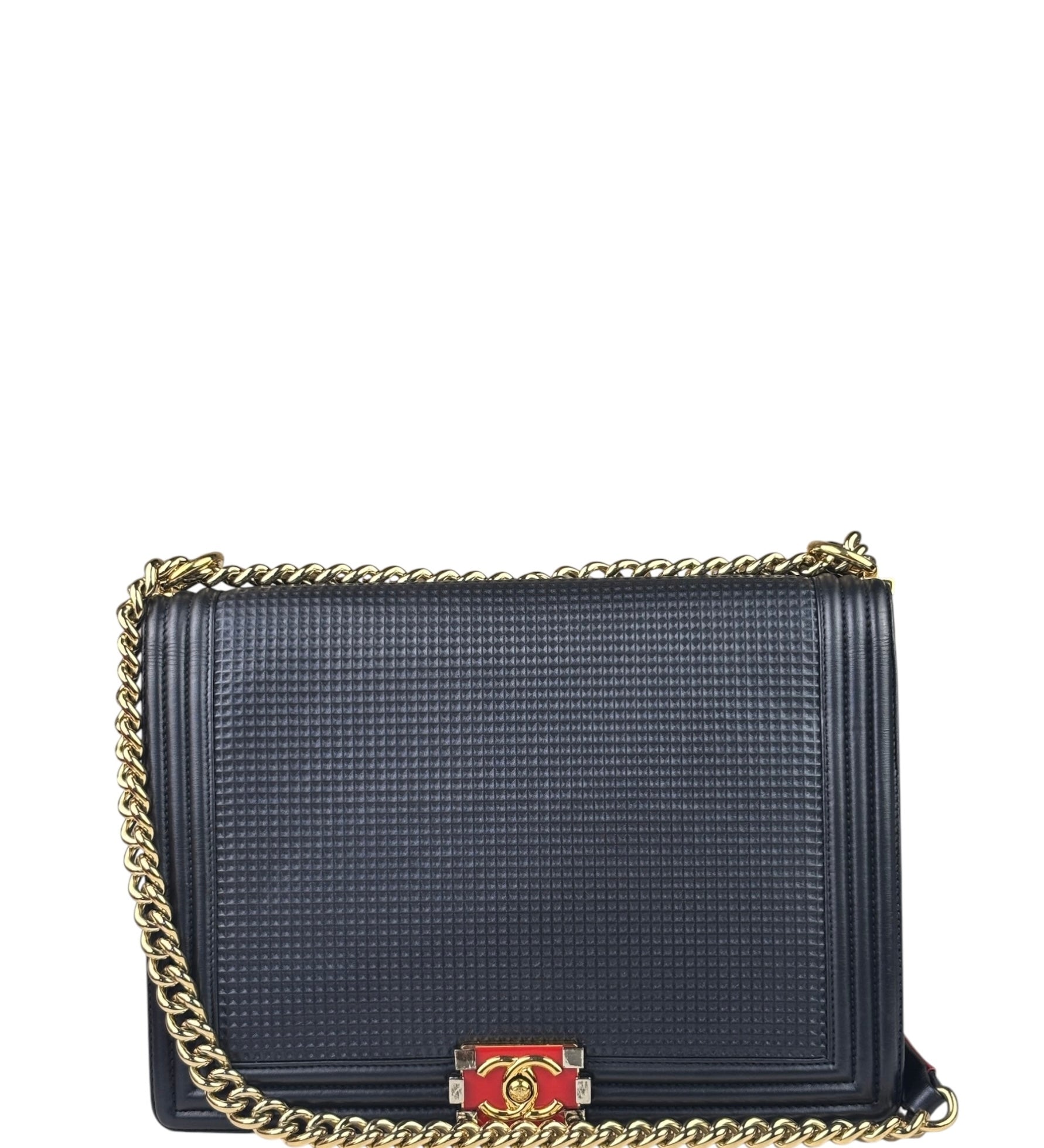 Chanel Navy Lambskin Cube Embossed XL Boy Flap 2013