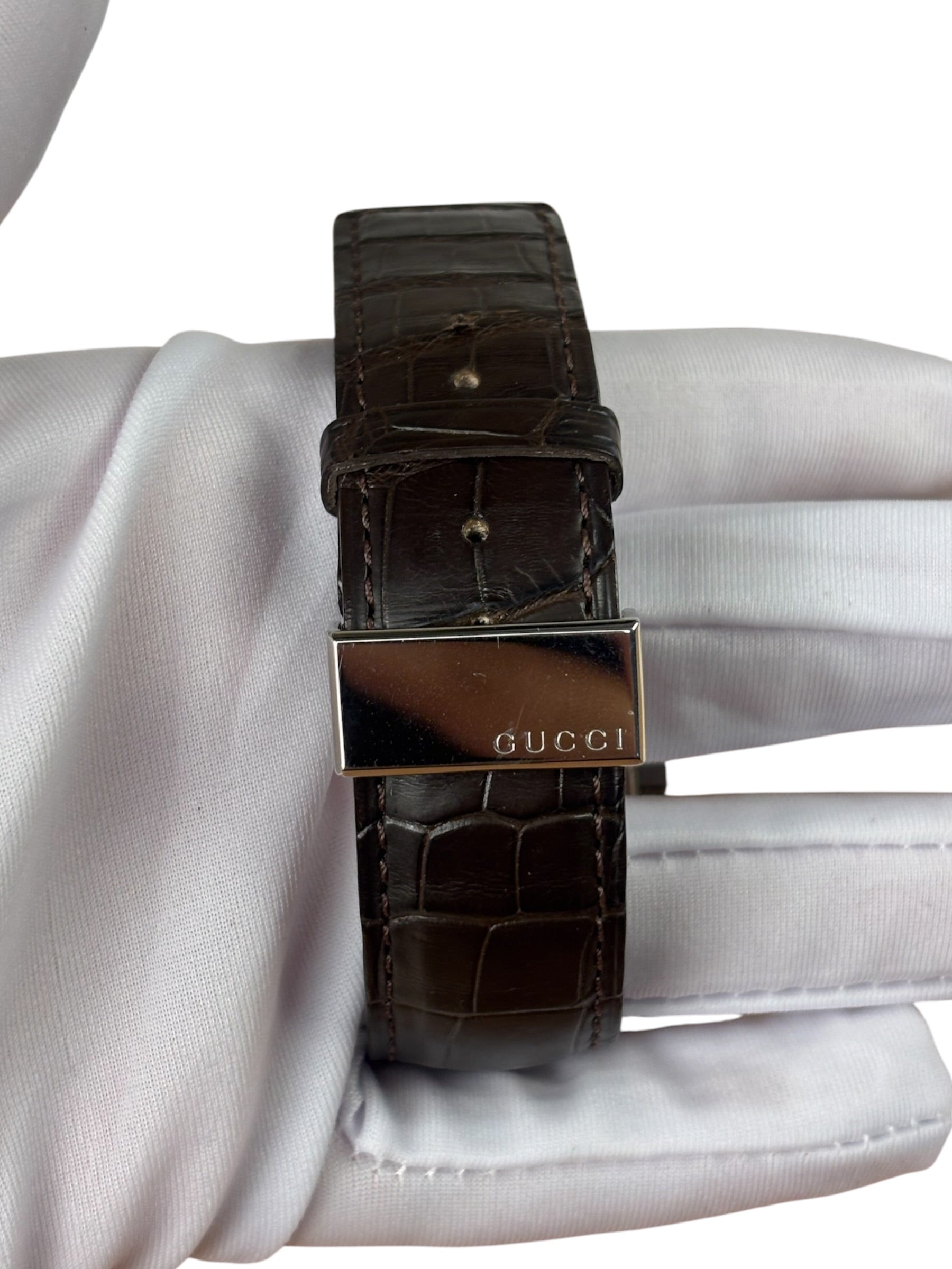 Gucci 7100M Silver Stick Square Dial Brown Strap