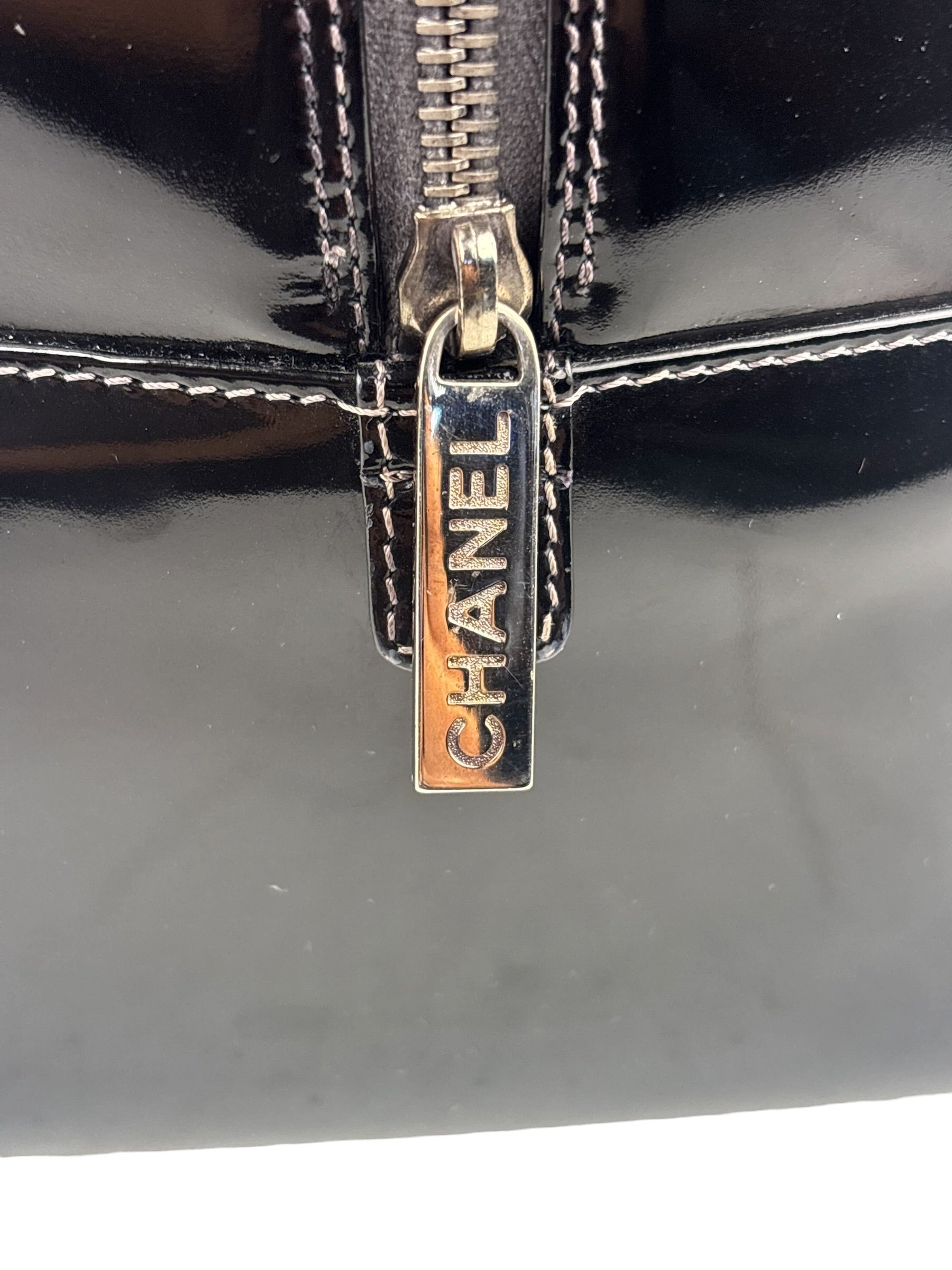 Chanel Black Leather Patent Chocolate Bar Bowler Hand Bag