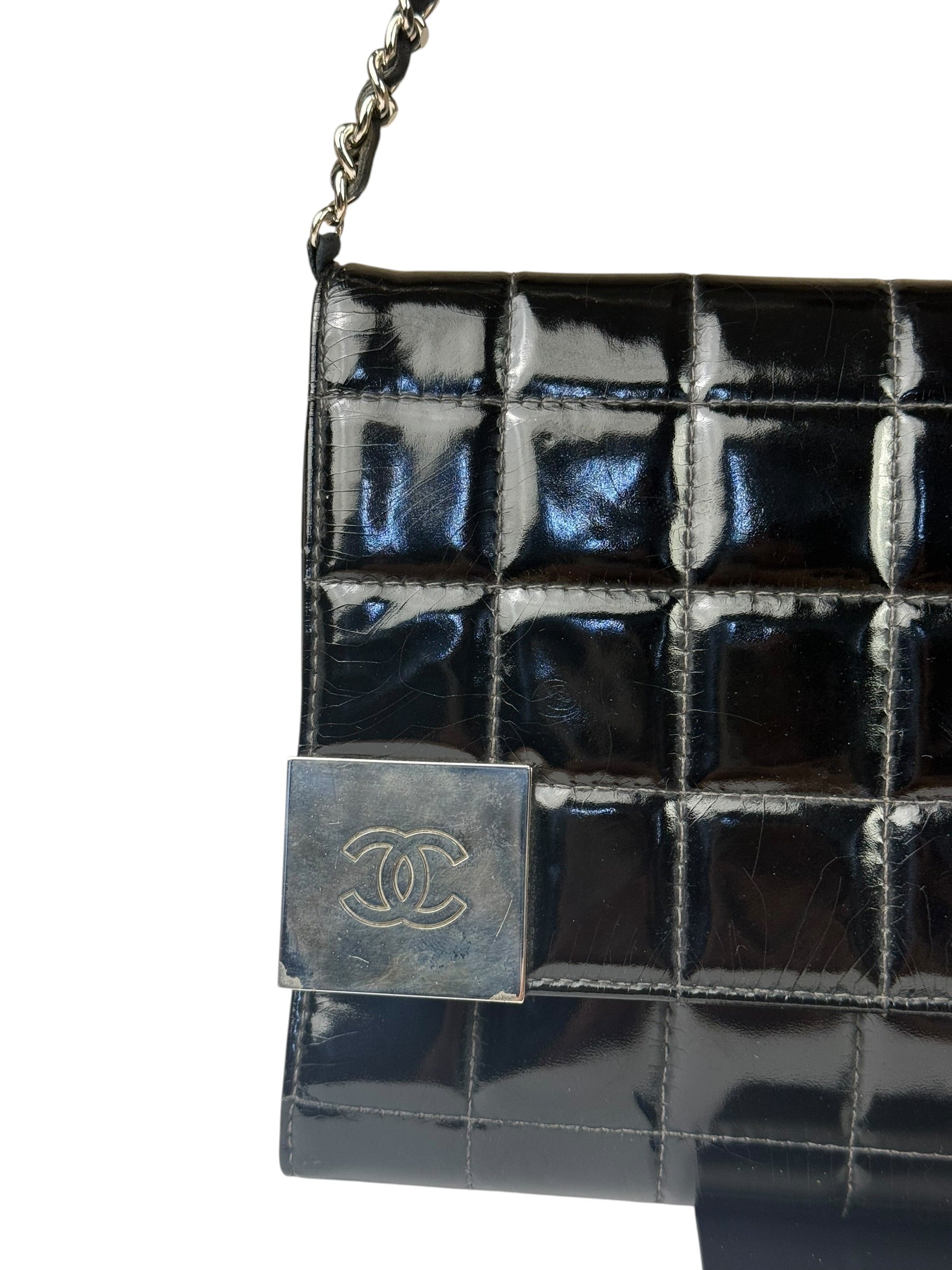 Chanel Black Patent Chocolate Bar Quilted Flap Shoulder Bag 2001