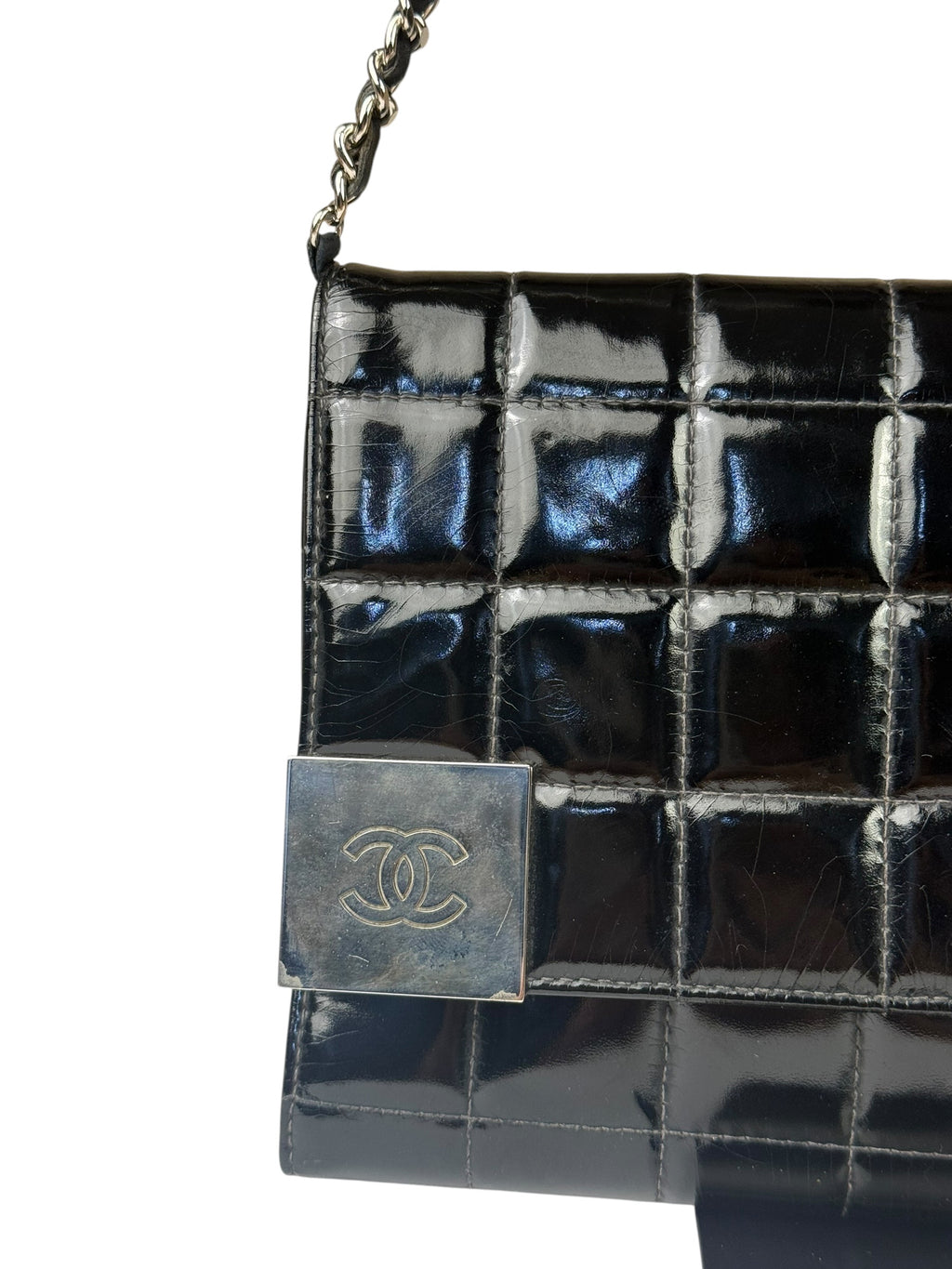 Chanel Black Patent Chocolate Bar Quilted Flap Shoulder Bag 2001