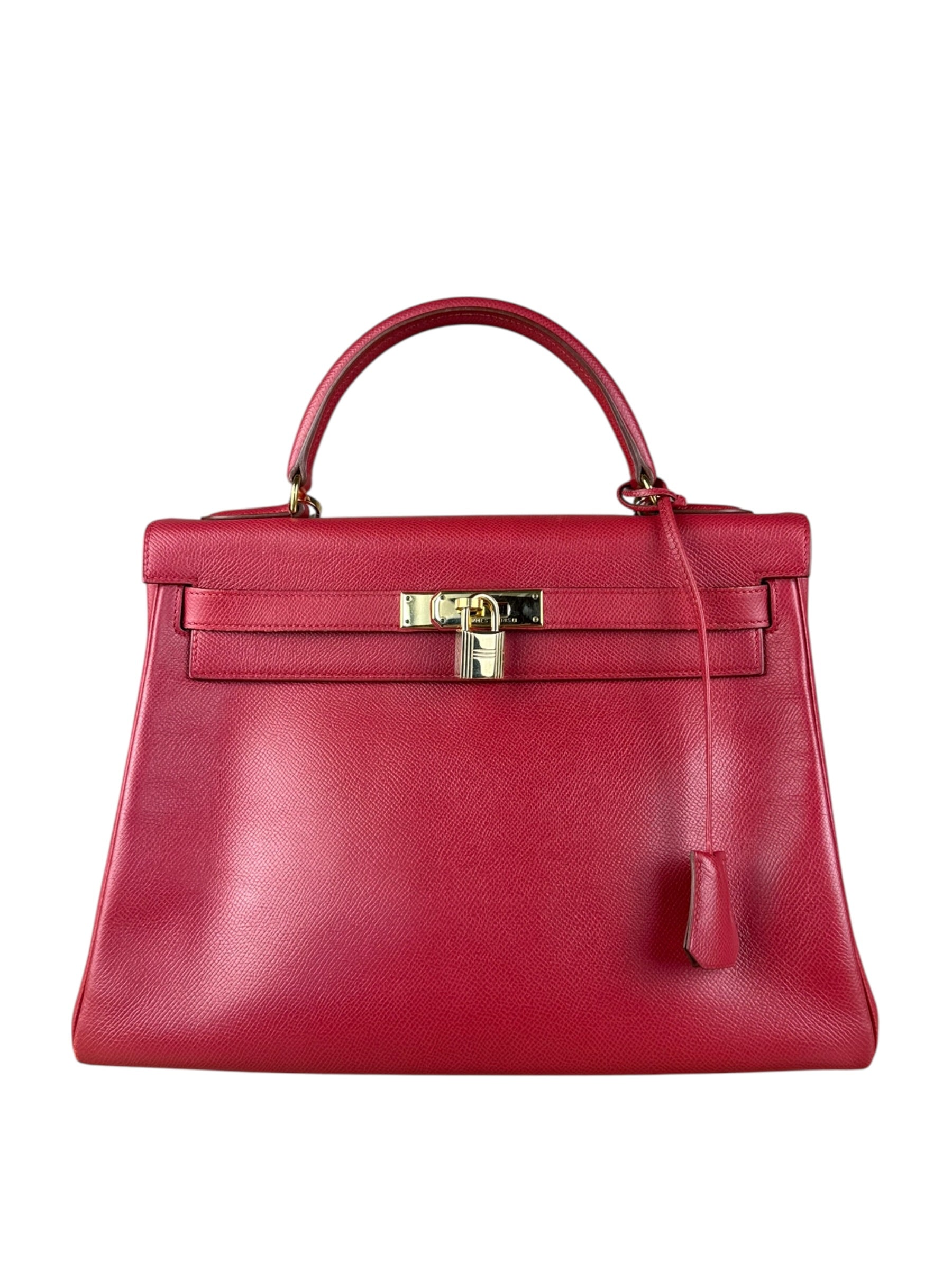 Hermes Kelly 32 Courchevel Rouge Vif Gold Handbag 1997