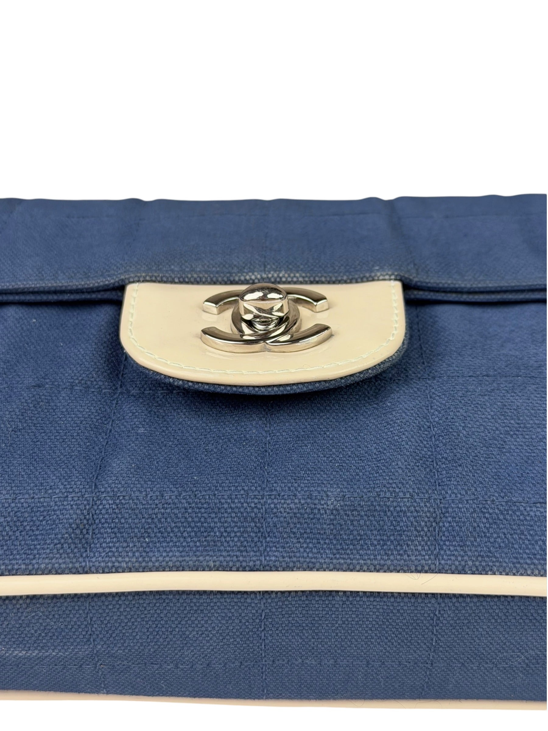 Chanel Blue/Cream Patent Leather Trim East-West Chocolate Bar Shoulder Bag 2002