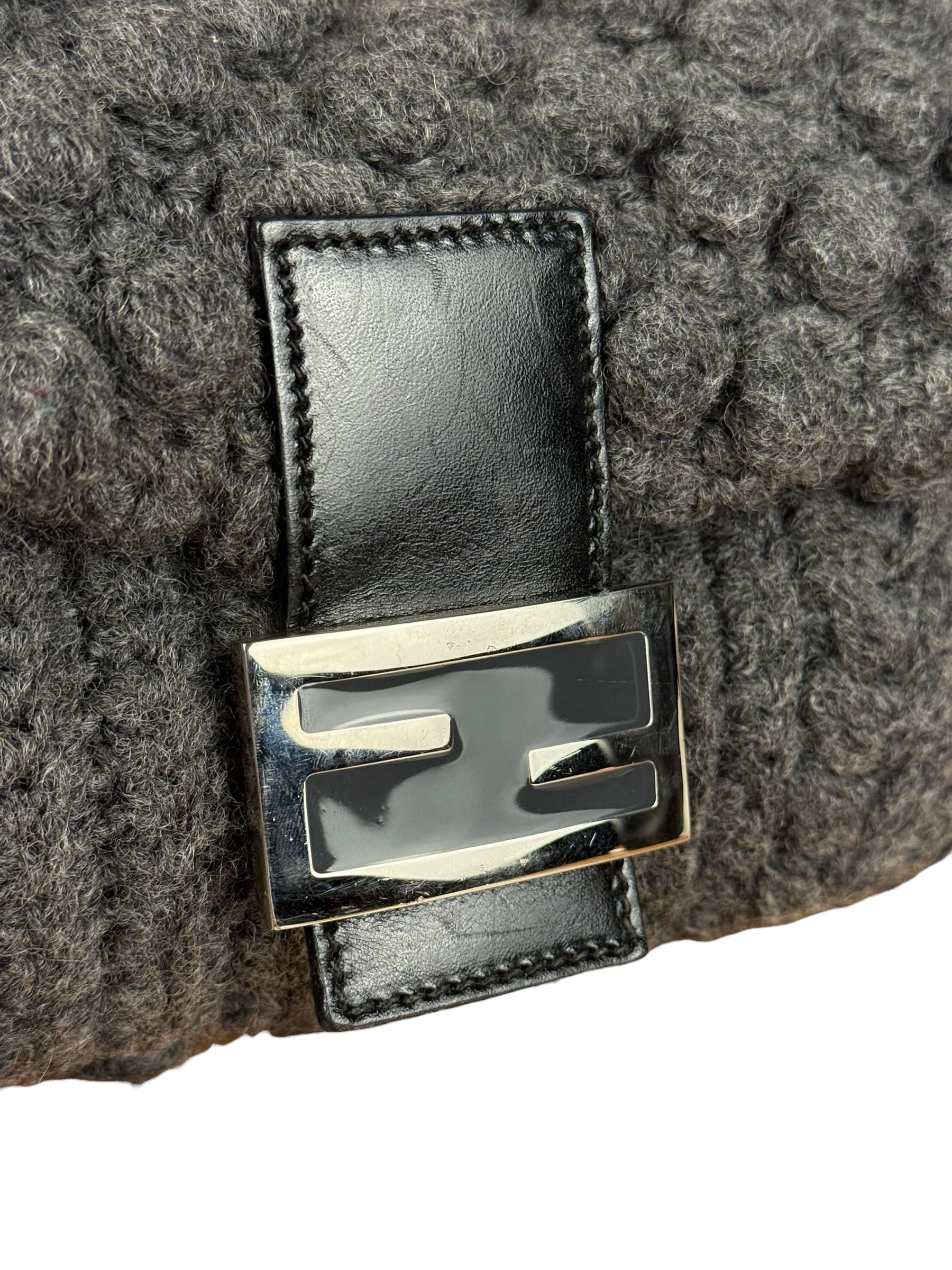 Fendi Grey Wool Crochet FF Baguette Shoulder Bag