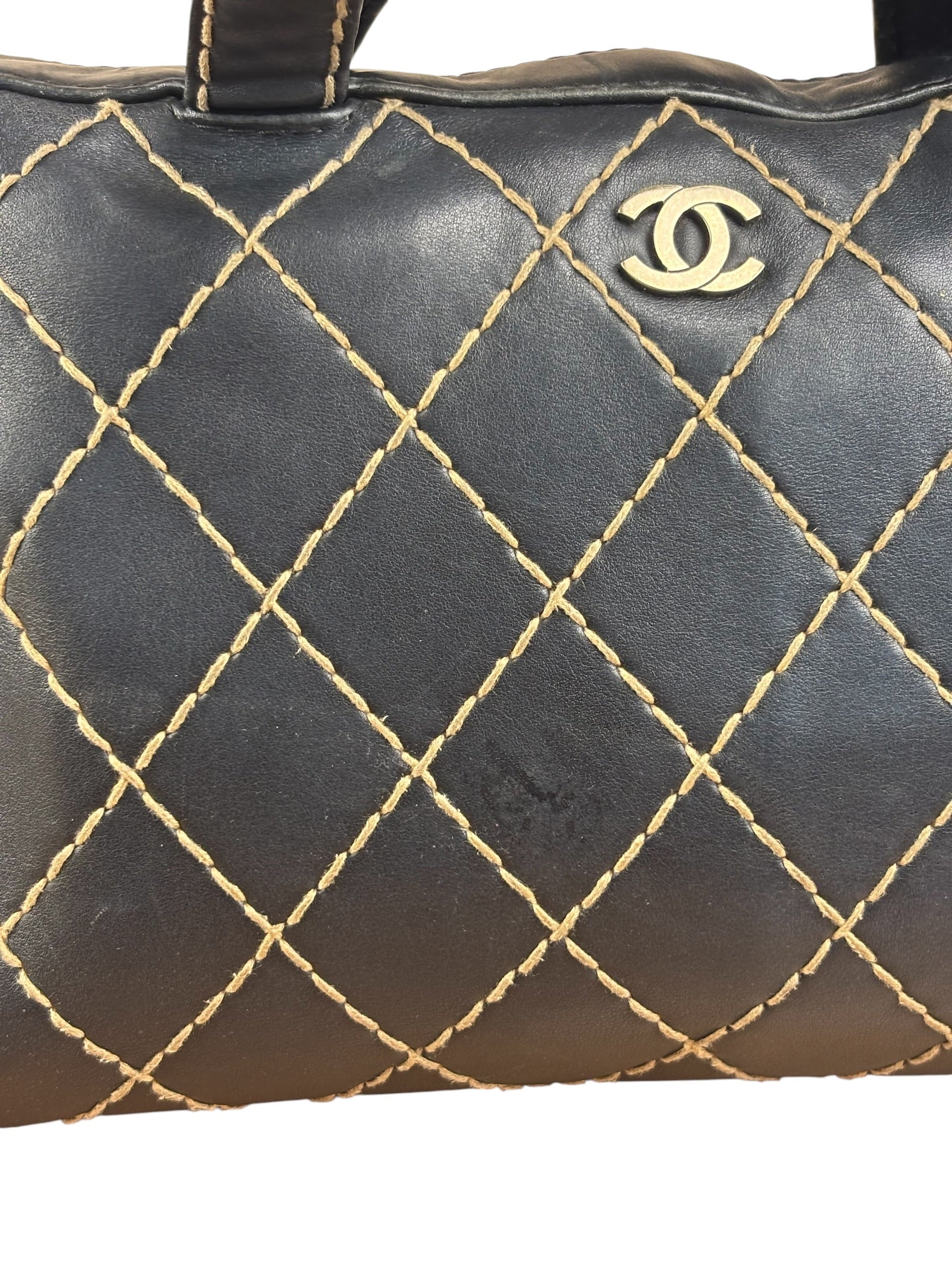 Chanel Vintage Black Leather Wild Stitch Bowler Shoulder Bag 2001