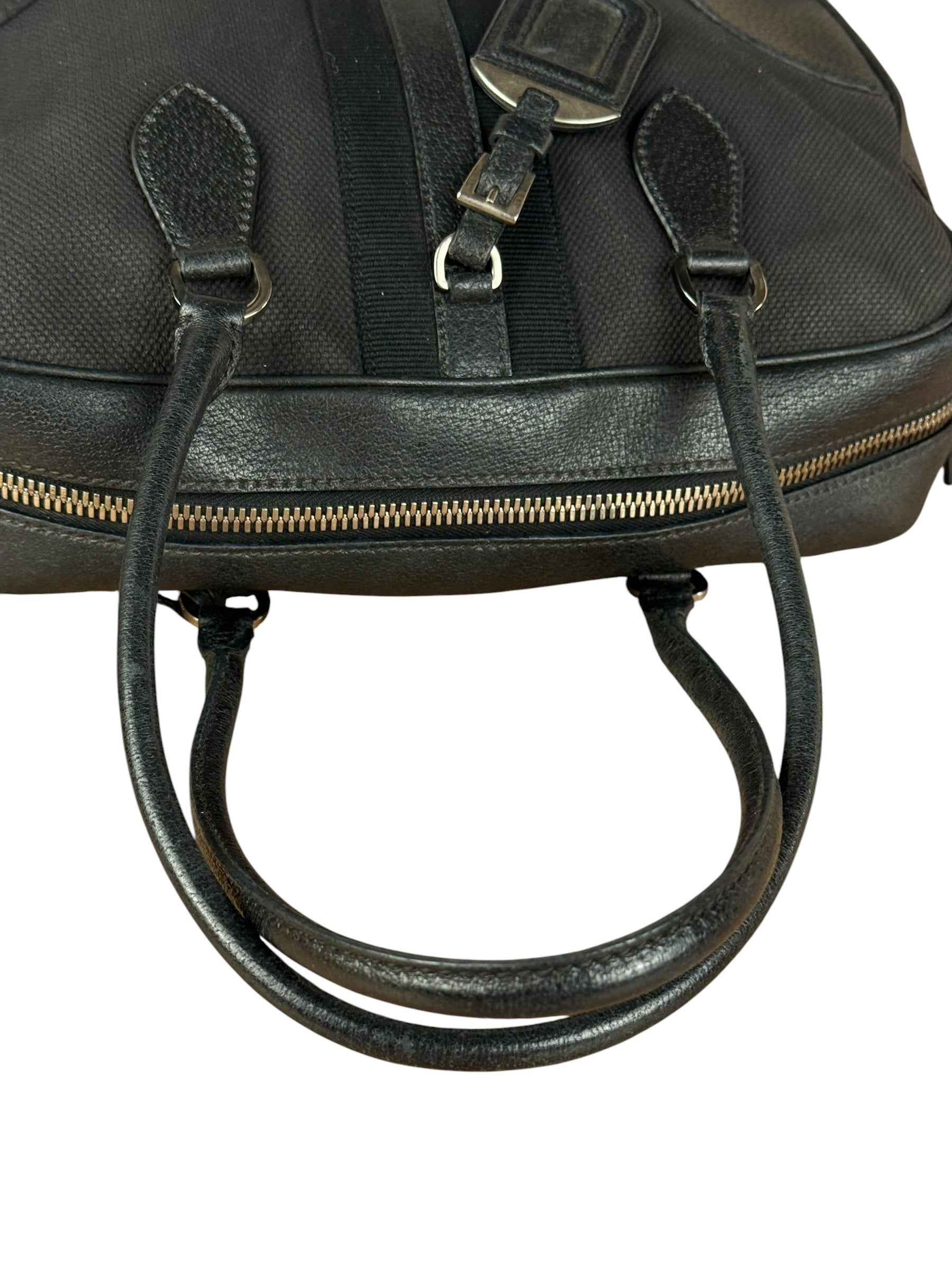 Prada Vintage Black Canvas Leather Trim Bowler Shoulder Bag