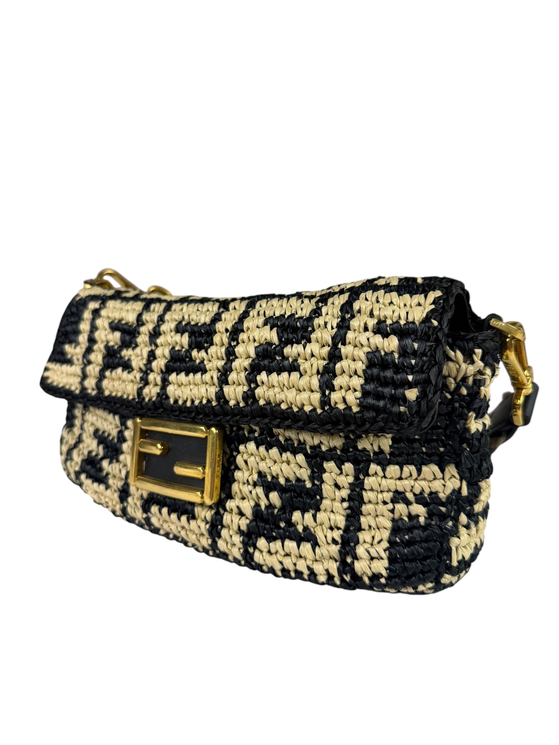 Fendi Black Raffia Zucca Shoulder Baguette