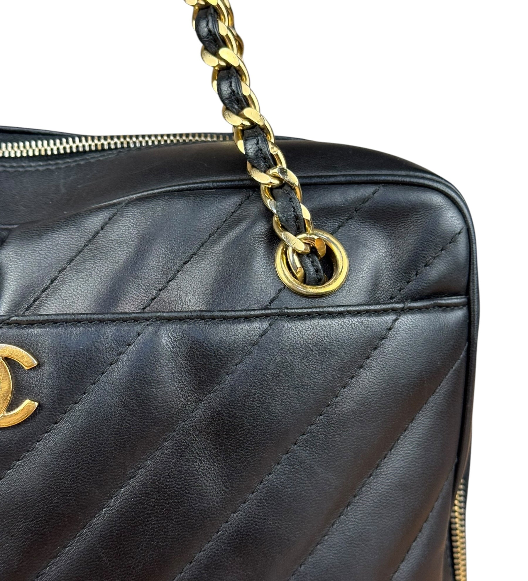 Chanel Black Chevron Leather Chain Camera Shoulder Bag 2000-2002
