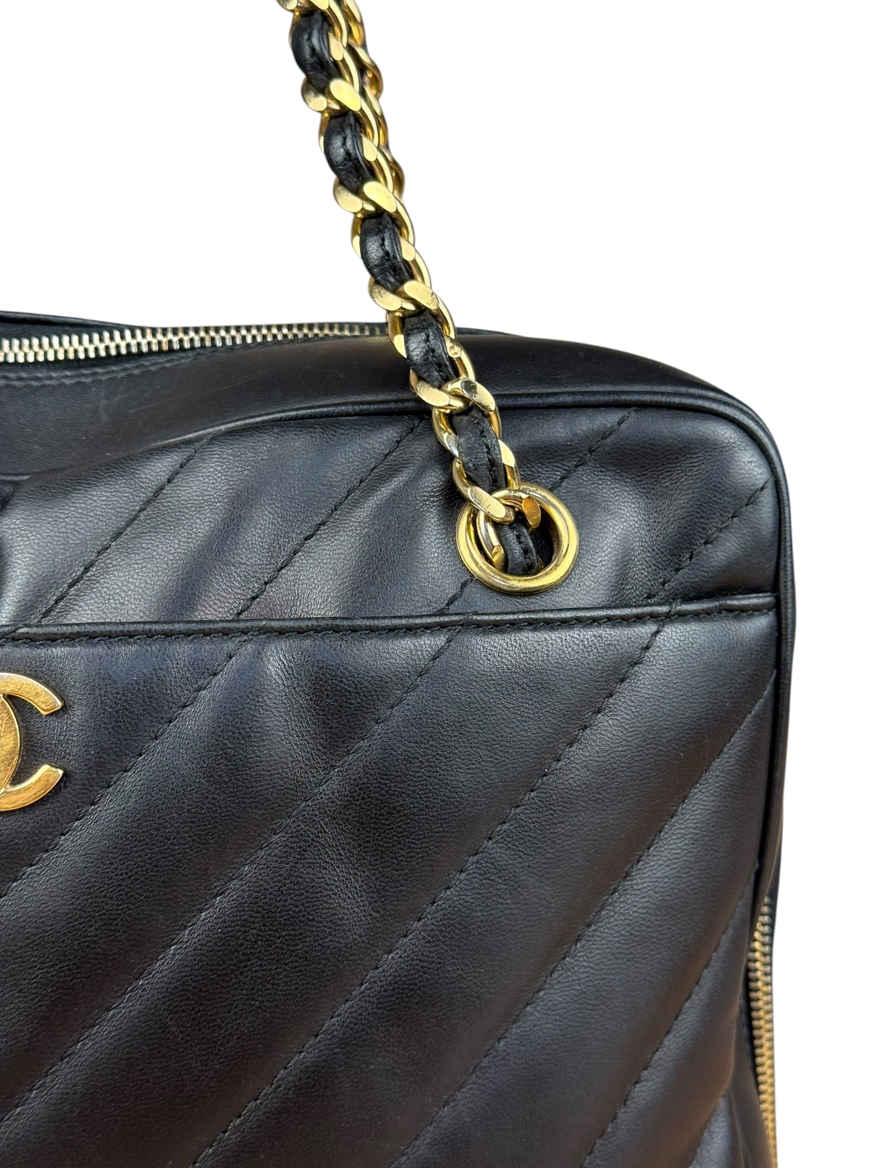 Chanel Black Chevron Leather Chain Camera Shoulder Bag 2000-2002