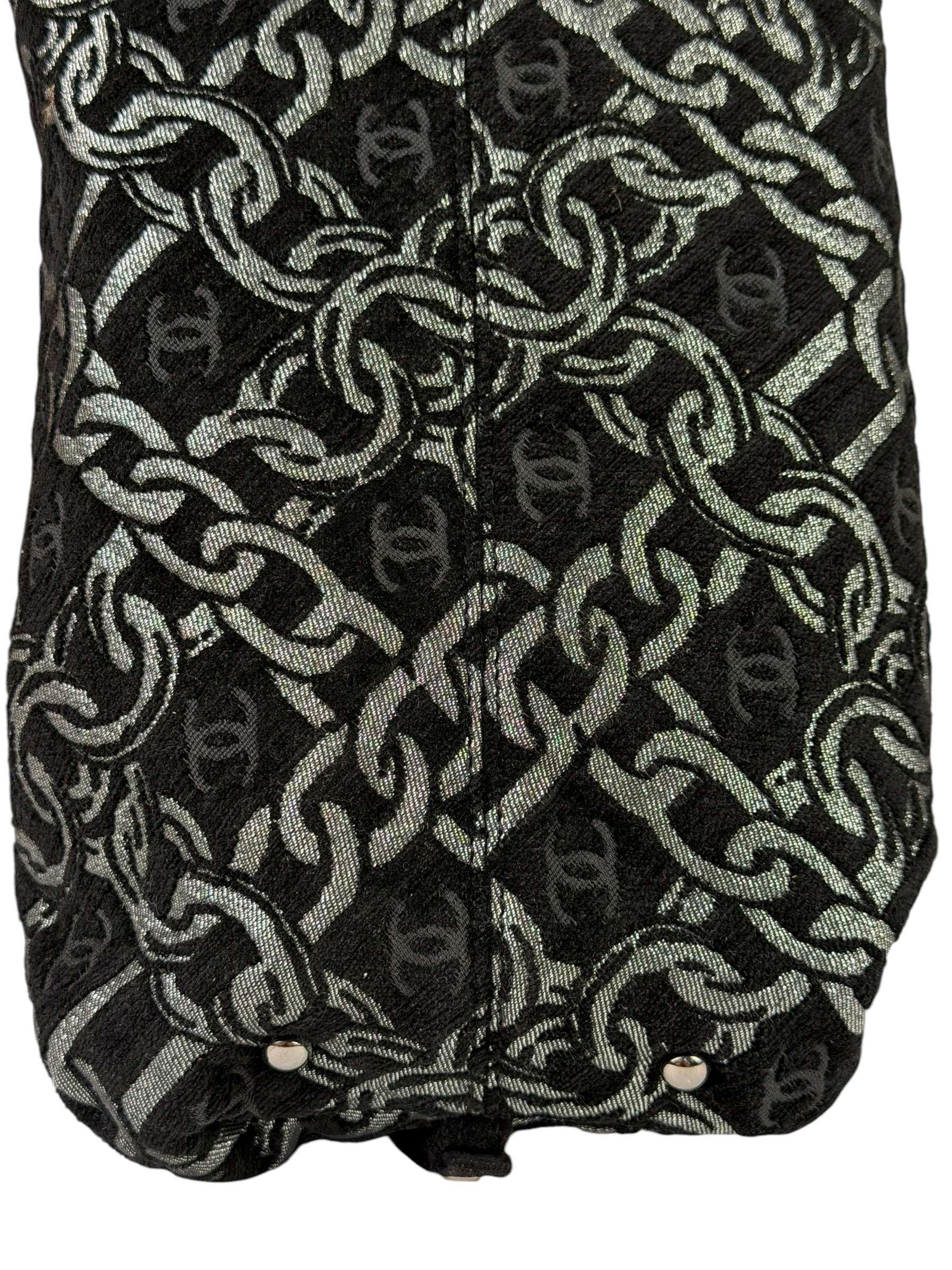 Chanel Black CC Jacquard Chain Silver Metallic Bowler Handbag 2005