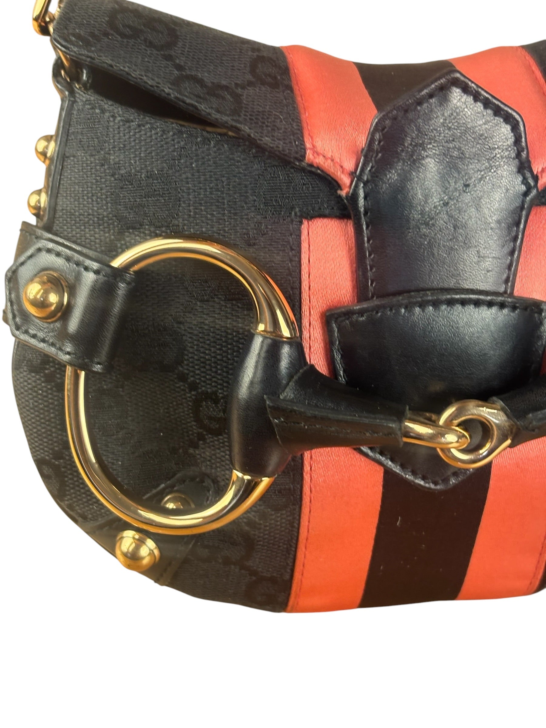 Gucci GG Black/Pink Canvas Horsebit Chain Shoulder Bag