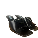 Prada Black Patent Leather Spazzolato Triangle Logo Square Toe Sandals