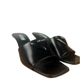 Prada Black Patent Leather Spazzolato Triangle Logo Square Toe Sandals
