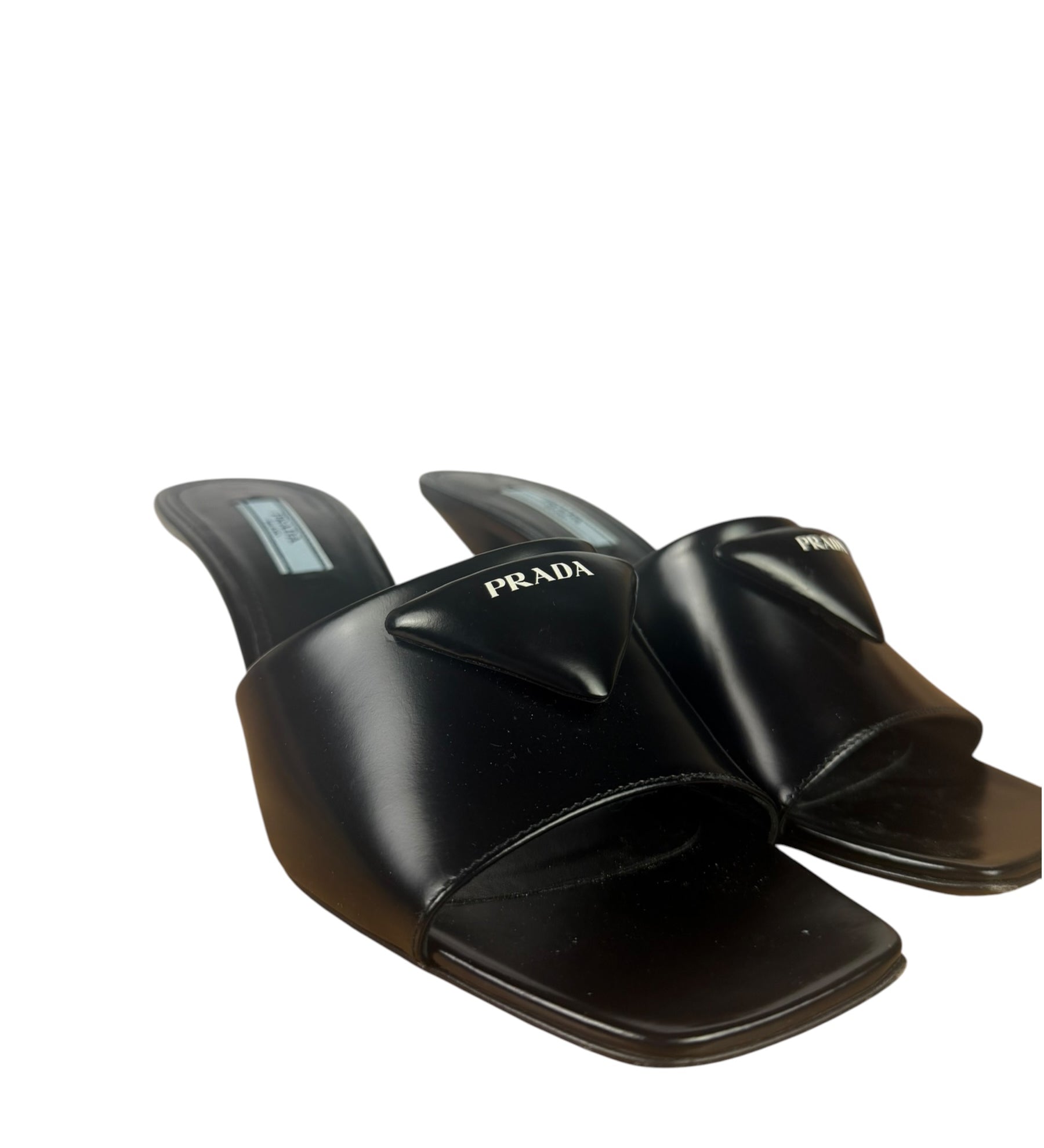 Prada Black Patent Leather Spazzolato Triangle Logo Square Toe Sandals