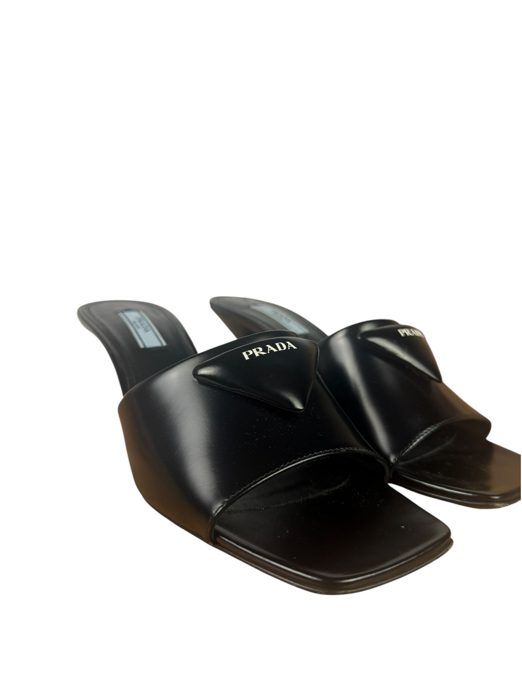 Prada Black Patent Leather Spazzolato Triangle Logo Square Toe Sandals