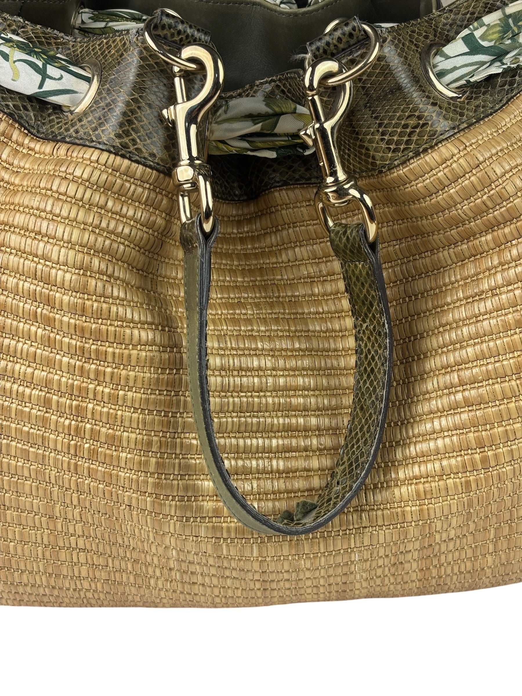 Gucci Brown Snakeskin Trim Large Raffia Positano Tote