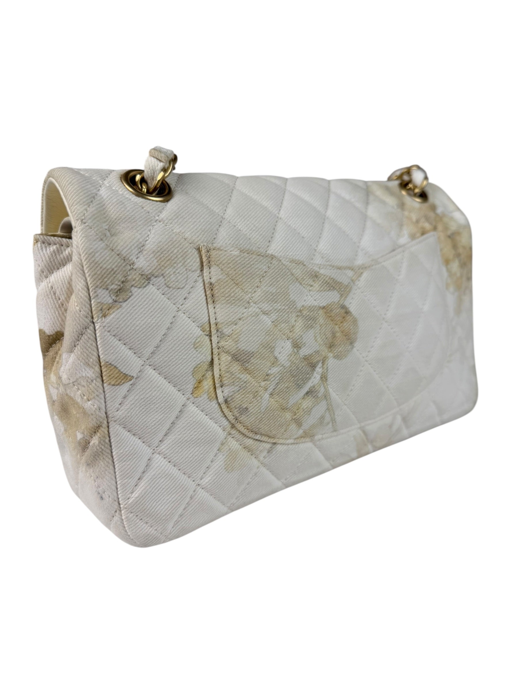 Chanel White Denim/Leather Trim Greek Collection Flower Double Flap Bag 2018