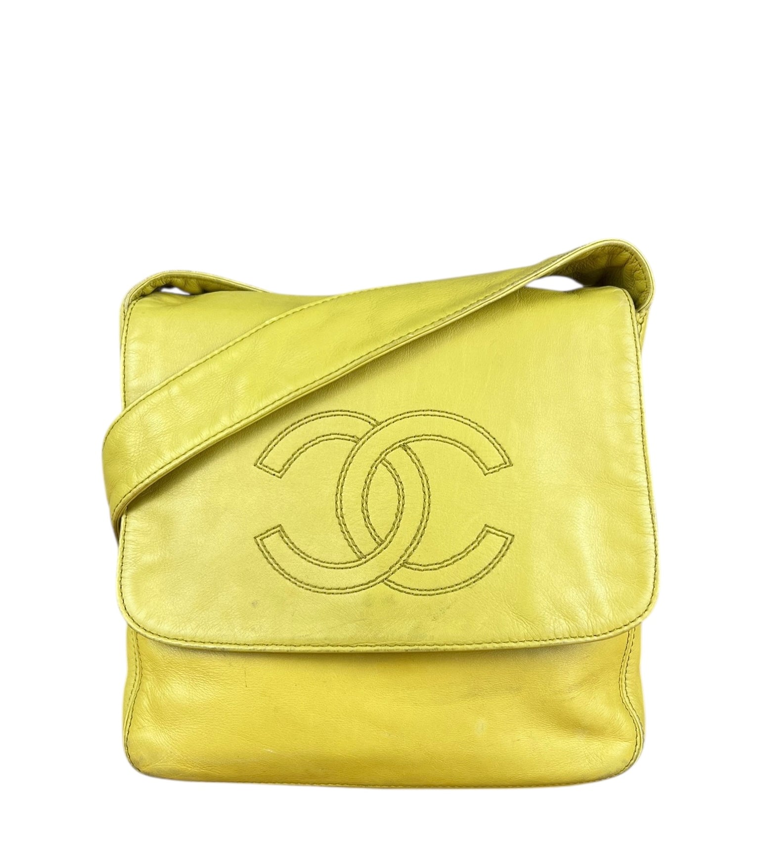 Chanel CC 1997 Chartreuse Leather Flap Shoulder Bag
