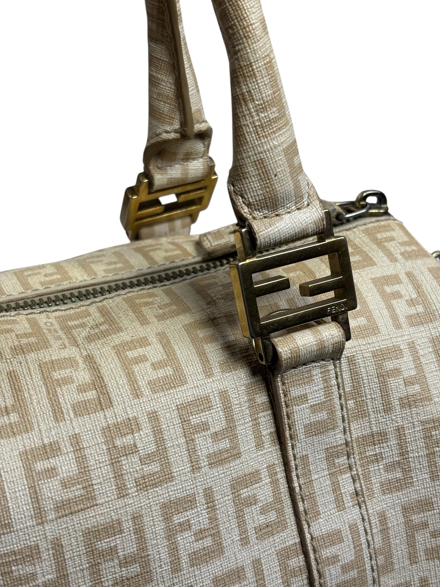 Fendi Beige Leather Trim Zucca Boston Bag