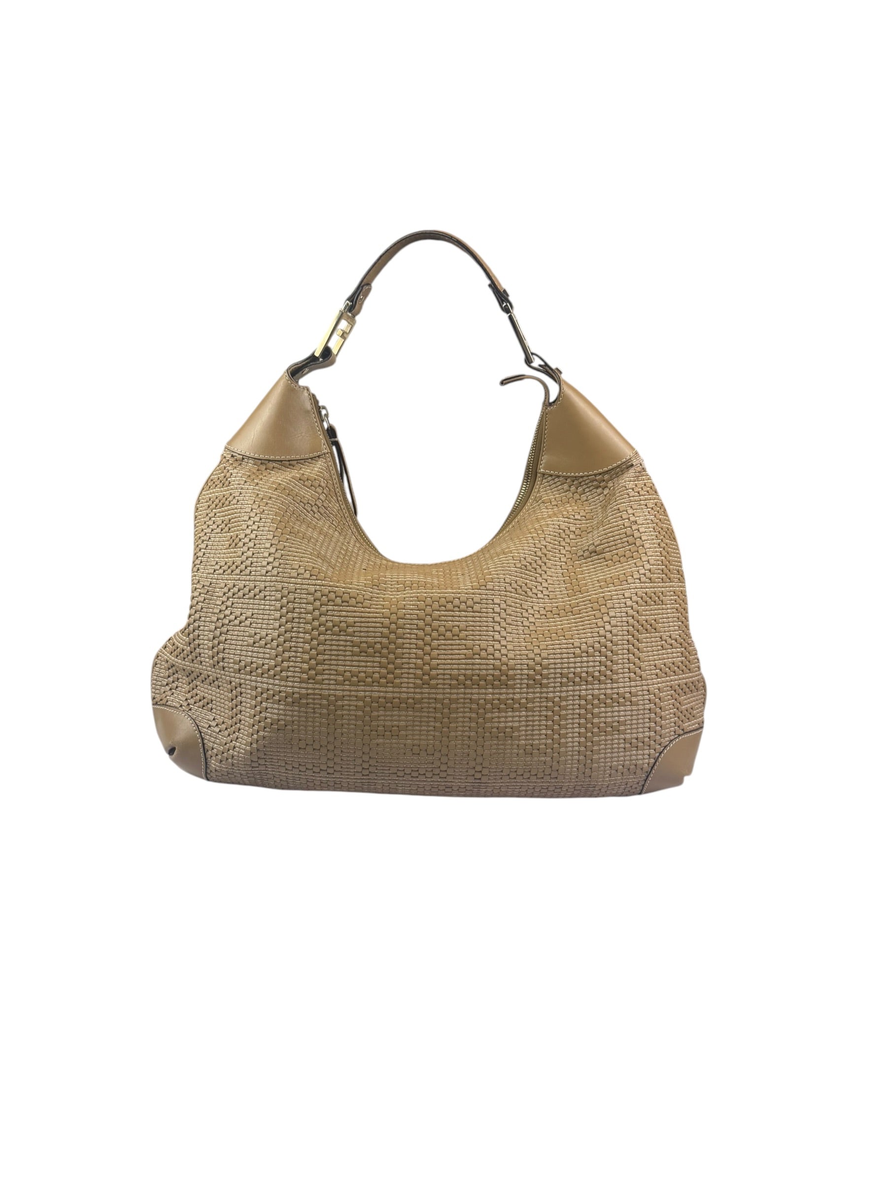 Fendi Beige Leather Trim Woven Hobo Bag