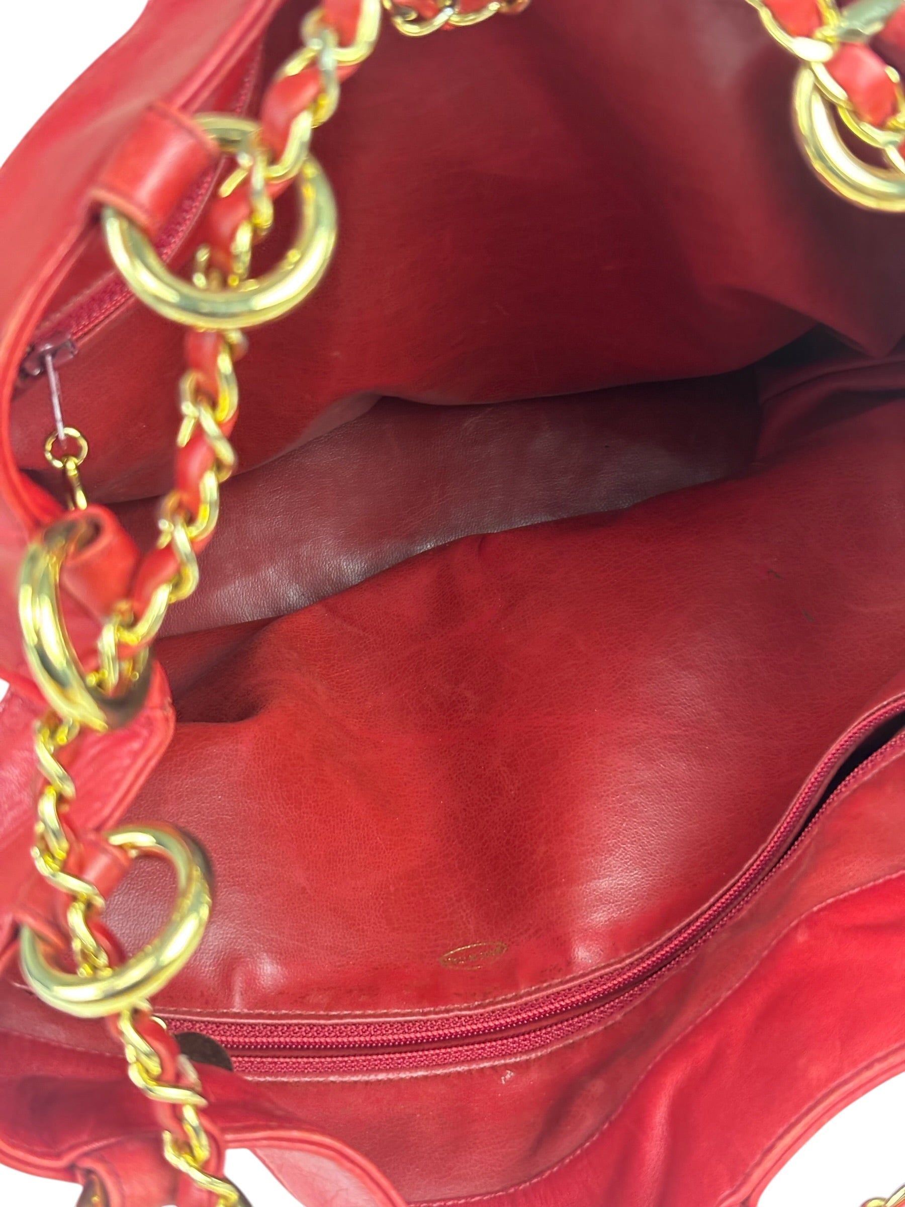 Chanel Vintage Beige/Red Leather Trim Drawstring Bucket Bag 1989