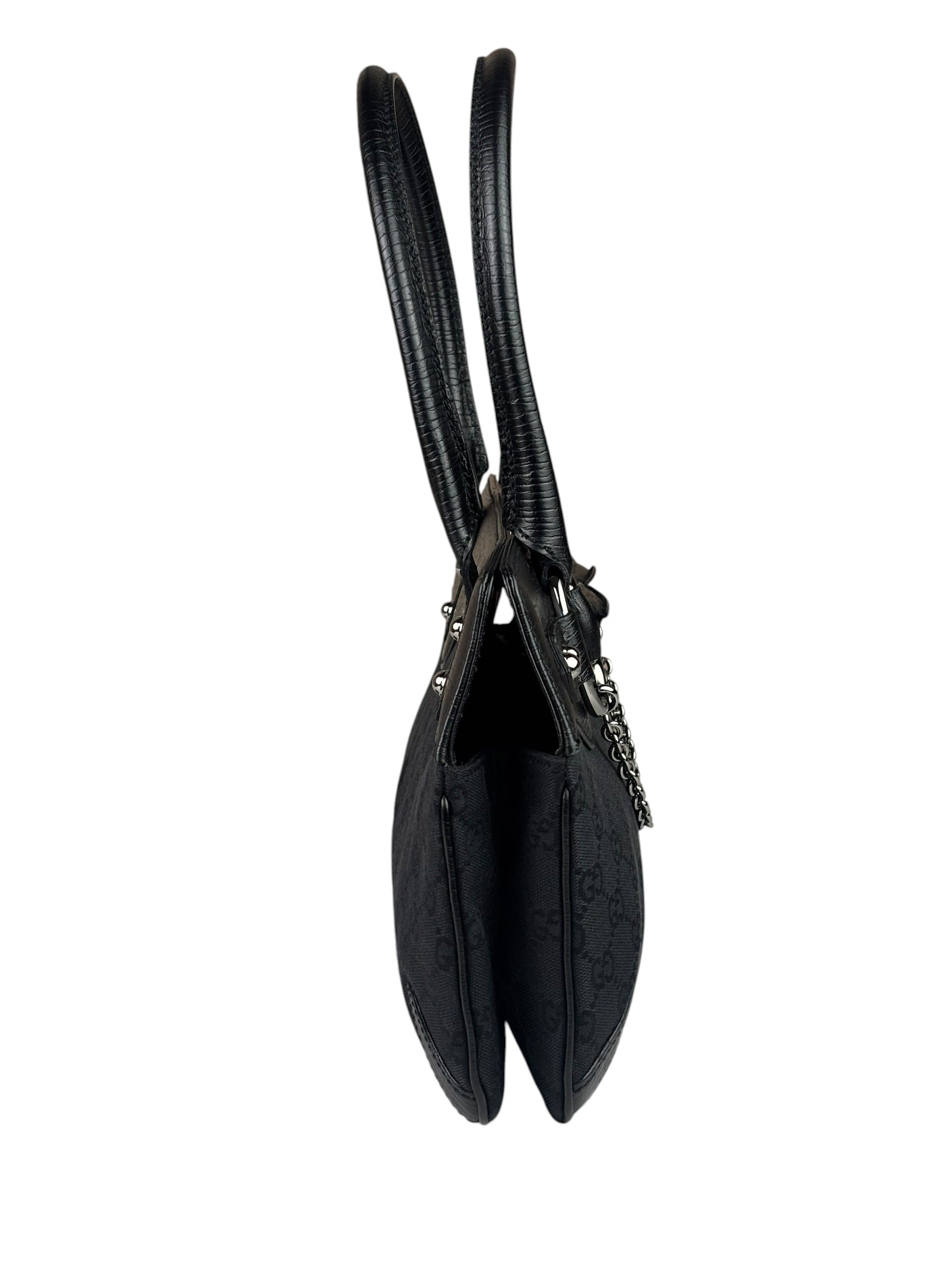 Gucci Black Leather Trim GG Horsebit Chain Shoulder Bag