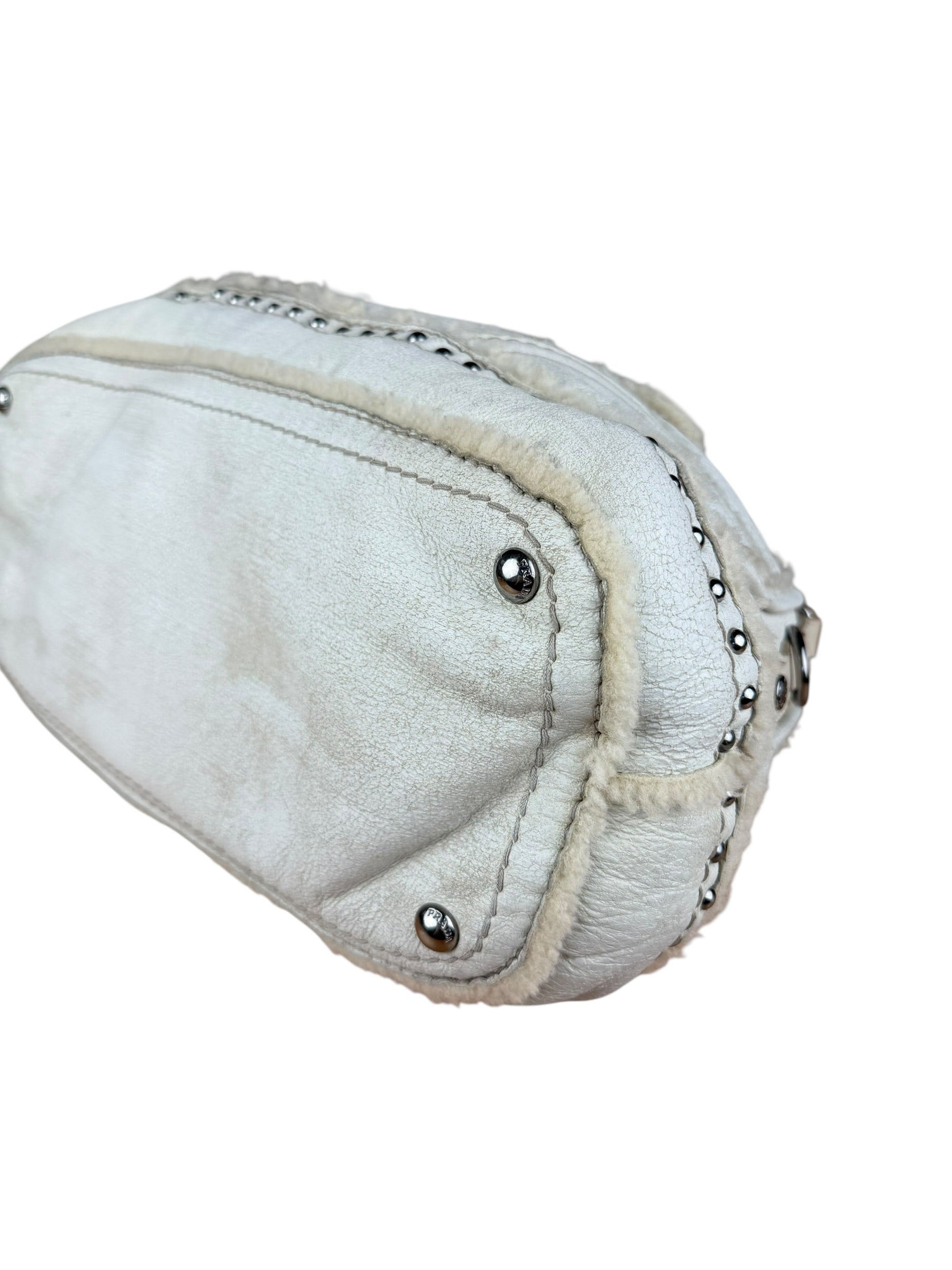 Prada Vintage White Studded Leather Shearling Bowler 2Way Bag