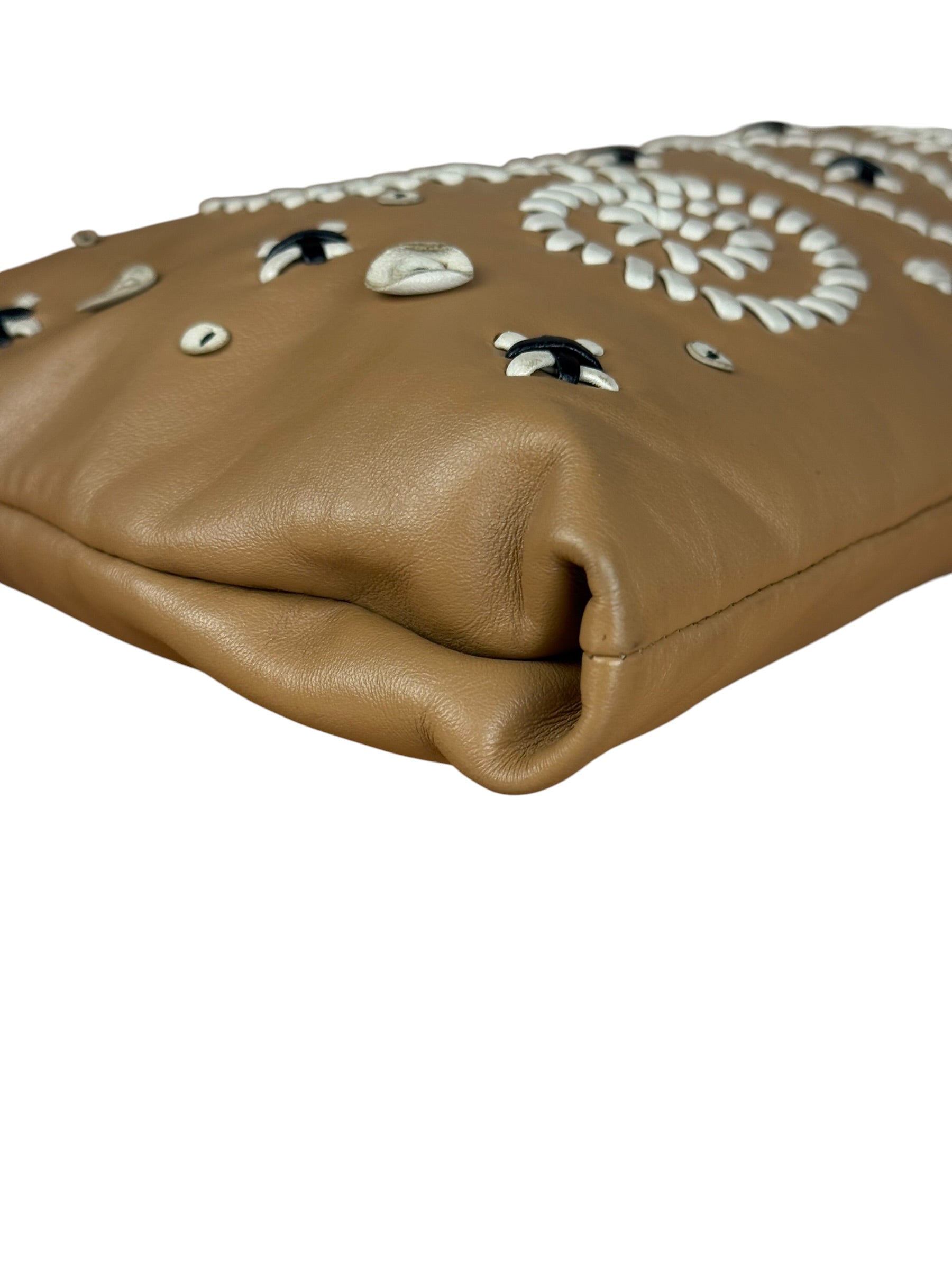 Prada Vintage Camel Leather Embroidery Clutch