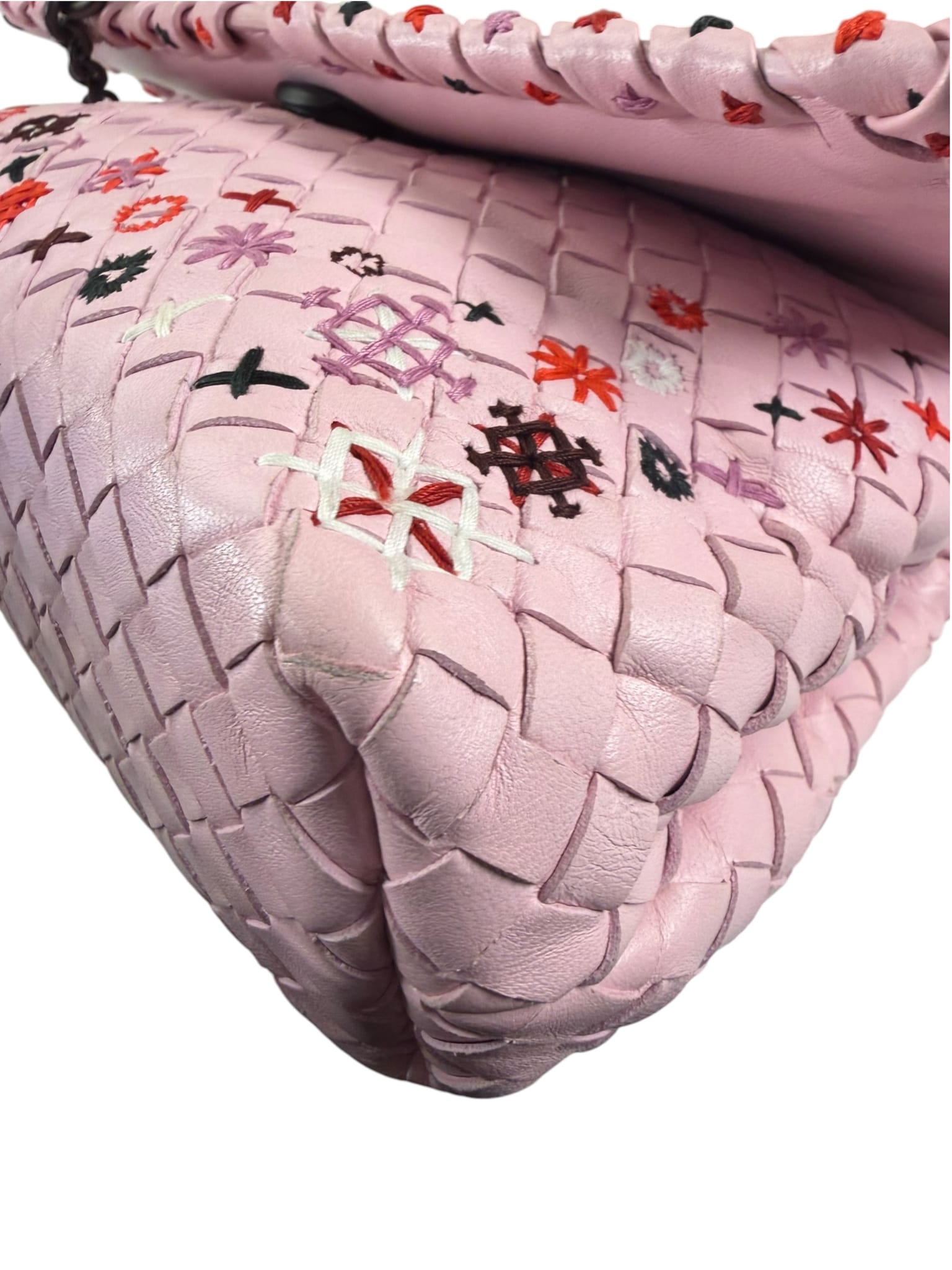 Bottega Veneta Baby Pink Leather Intrecciato Embroidered Flap Bag