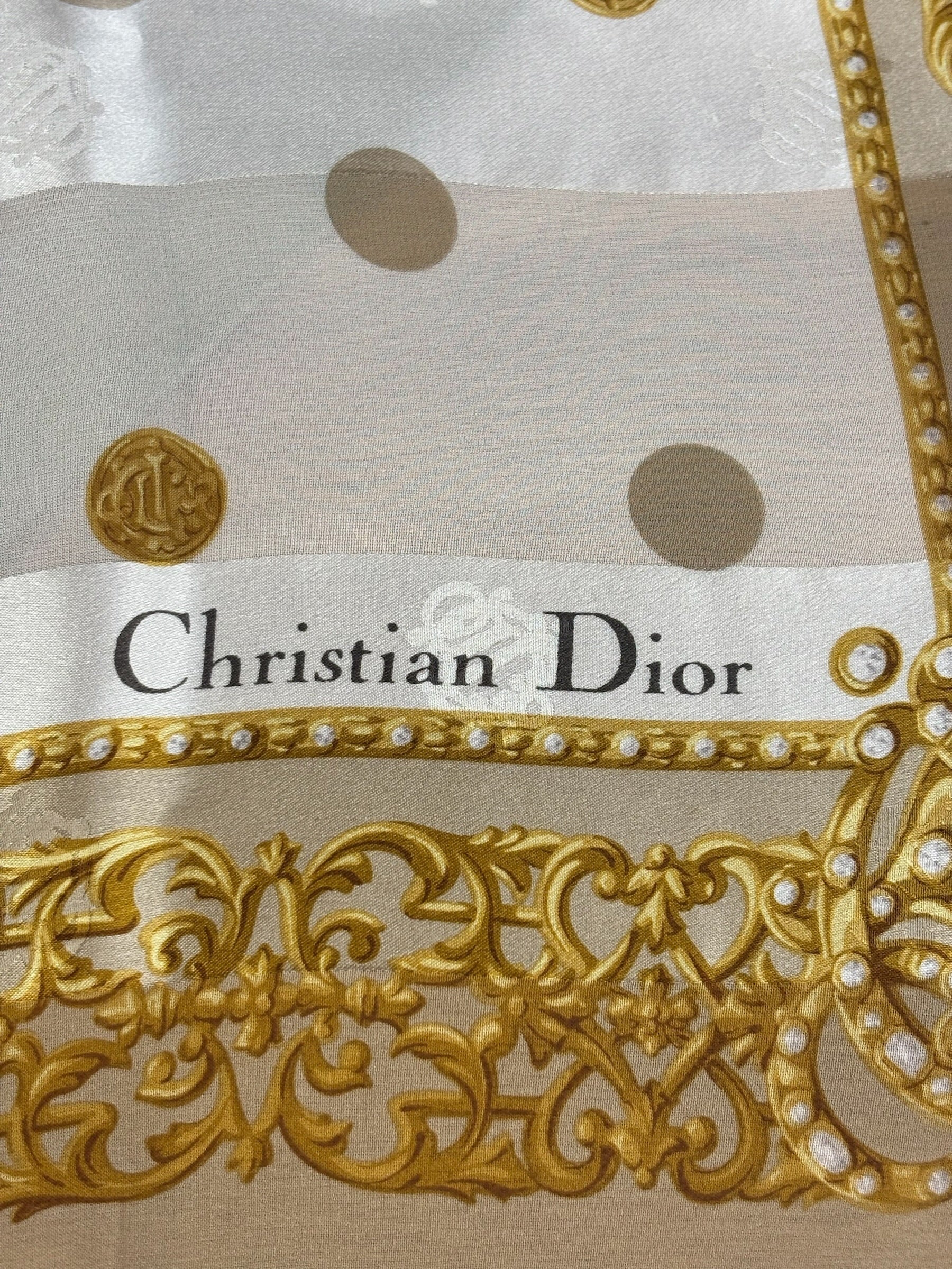 Christian Dior Vintage Baroque Crown/Scrollwork Silk Scarf