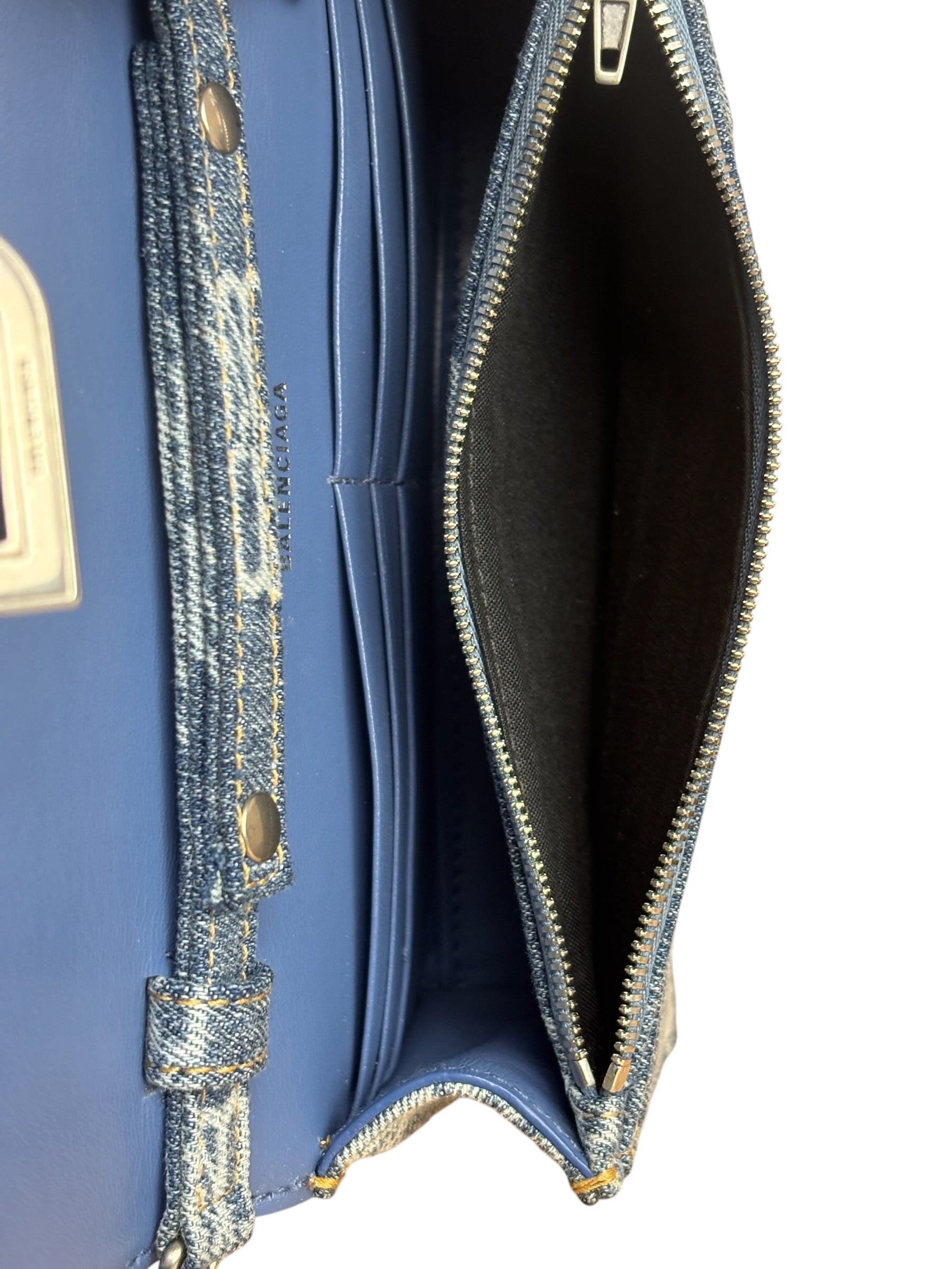 Balenciaga Blue Denim Hourglass Monogram Wallet On Chain