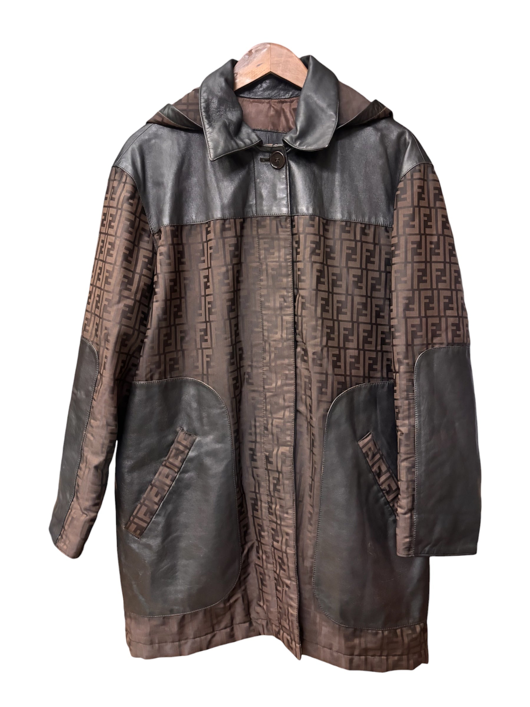 Fendi Brown Leather Trim Zucca Hooded Jacket