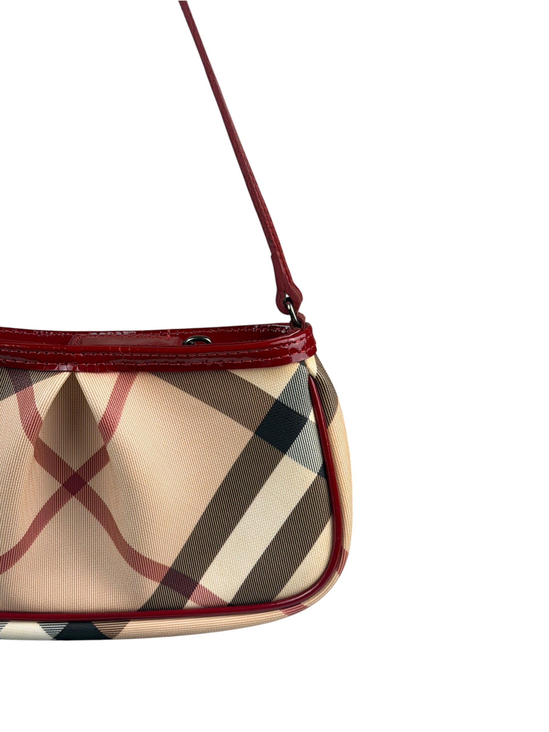 Burberry Red Patent Leather Trim Super Nova Check Pochette