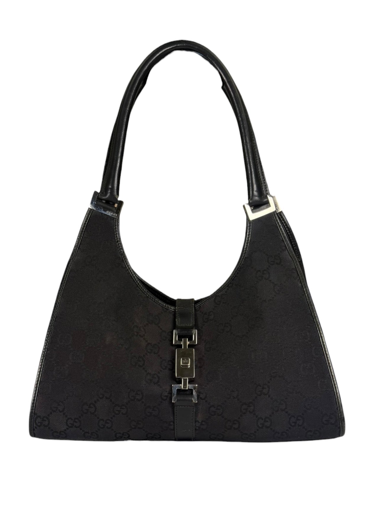 Gucci Black Leather Trim GG Bardot Jackie Medium Hobo Bag