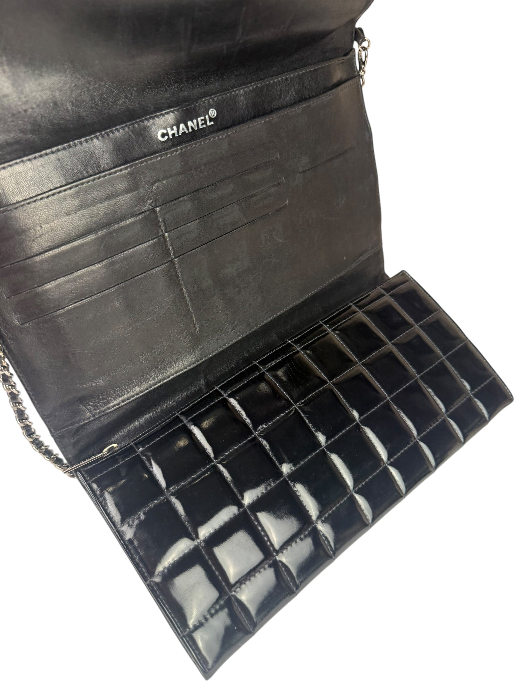 Chanel Black Patent Chocolate Bar Quilted Flap Shoulder Bag 2001