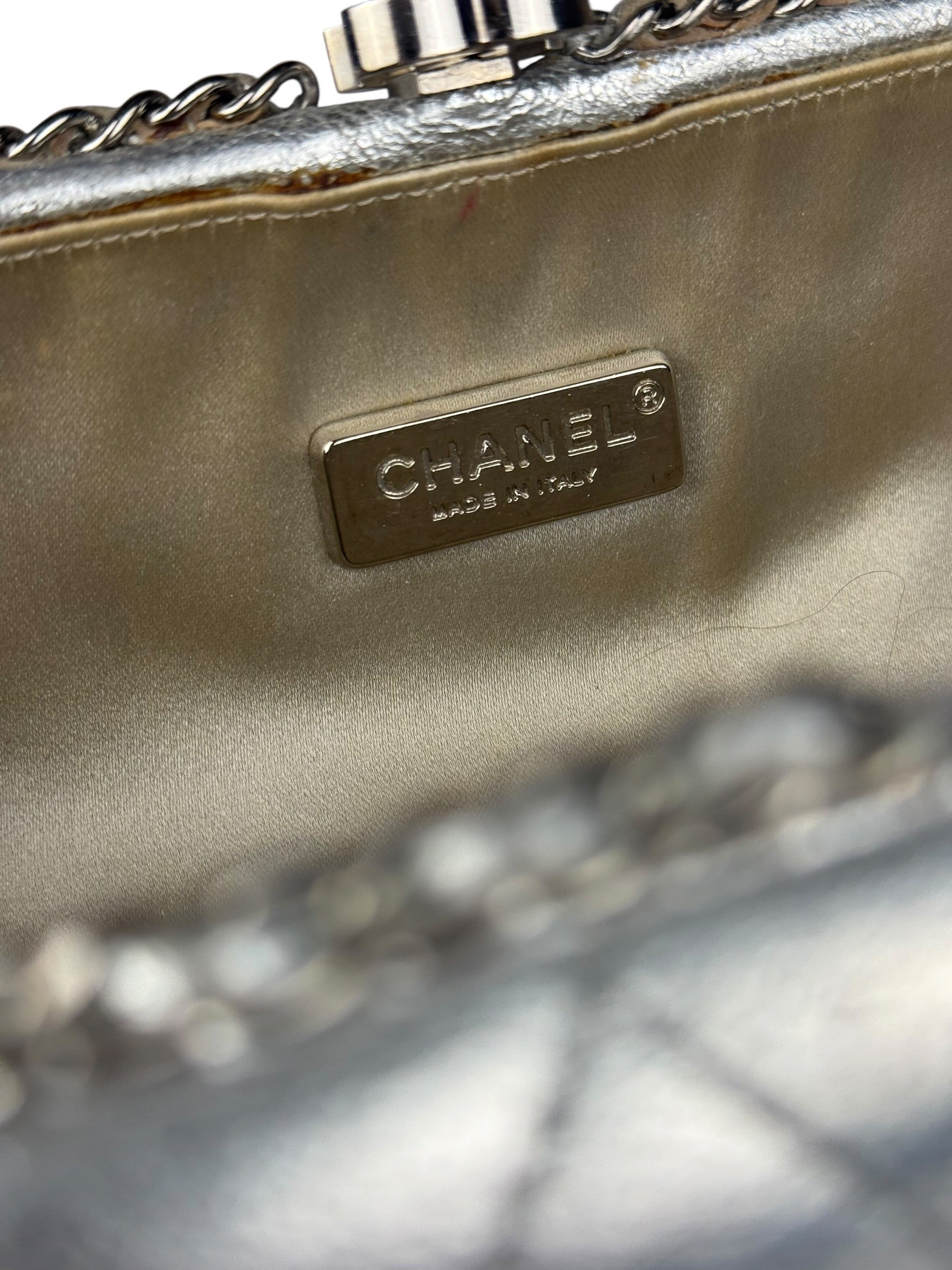Chanel Metallic Silver Quilted Chain Around Clutch Shoulder Bag 2011