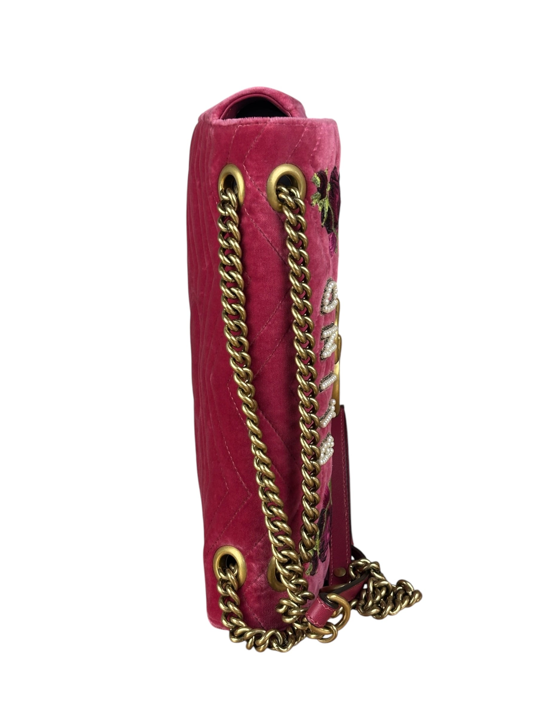 Gucci Pink GG Velvet Marmont "Blind for Love" Flap Bag
