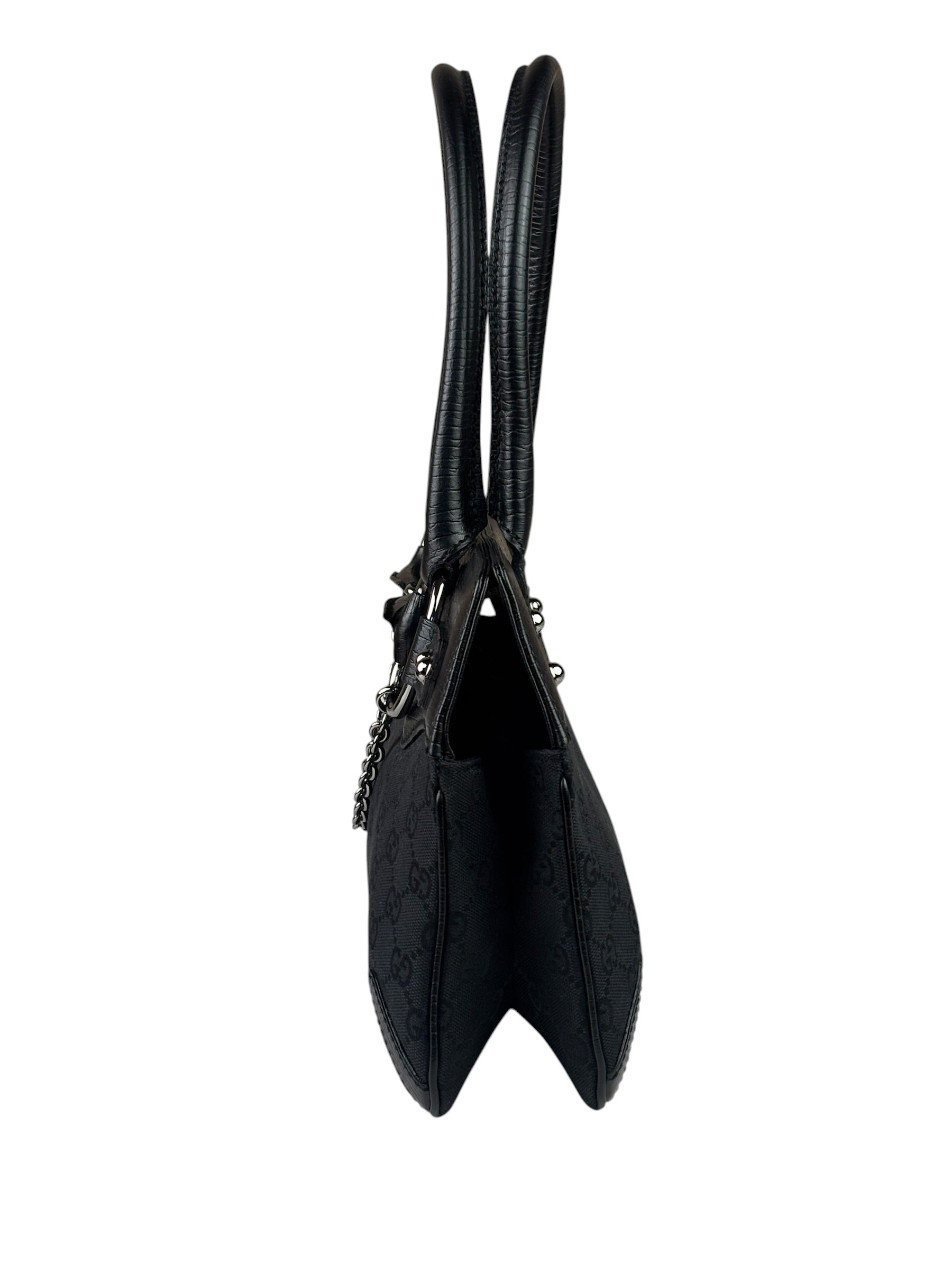 Gucci Black Leather Trim GG Horsebit Chain Shoulder Bag