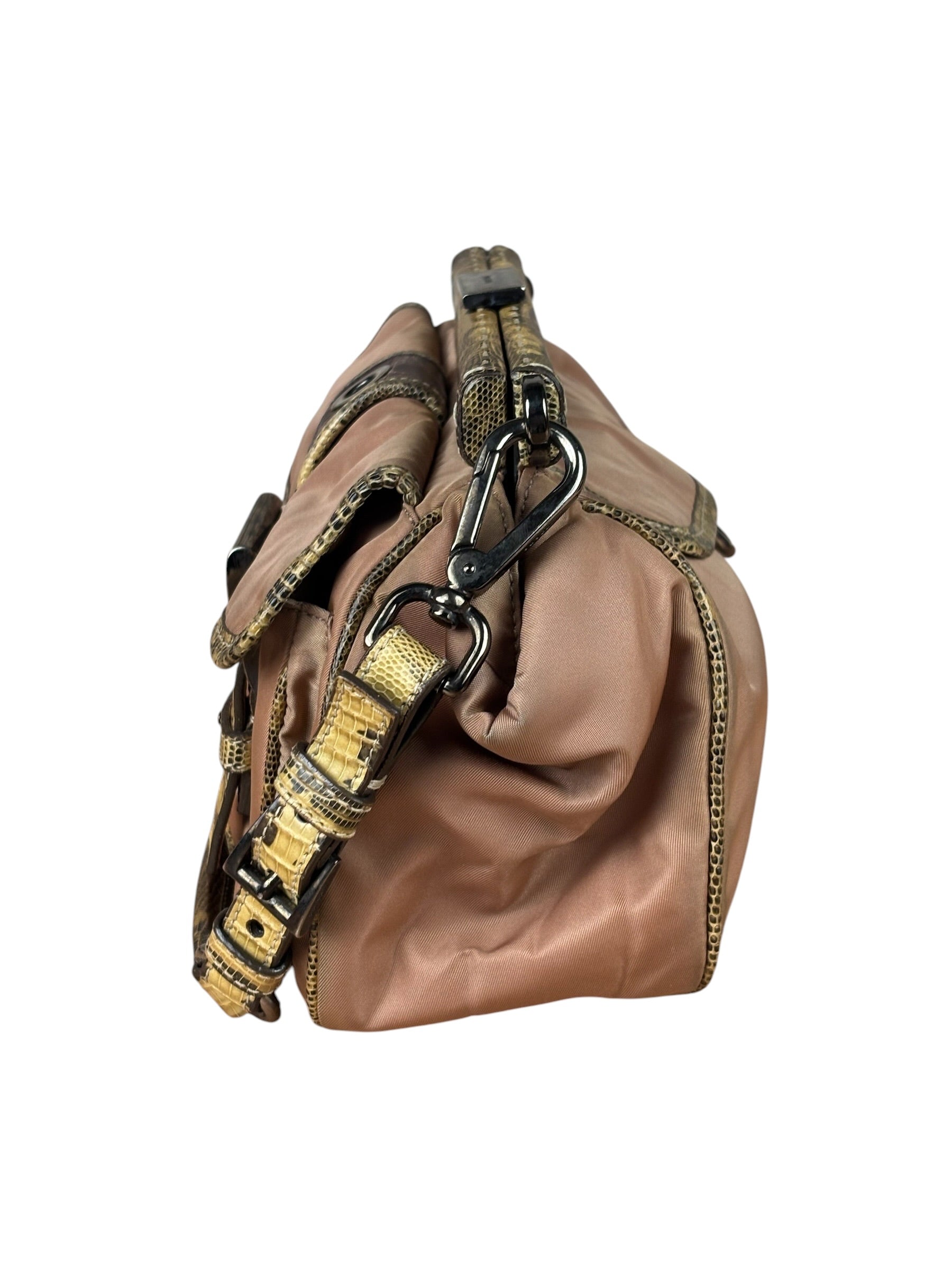 Prada Soft Dusty Rose Tessuto Nylon Snakeskin Trim Multi-Pocket Shoulder Bag