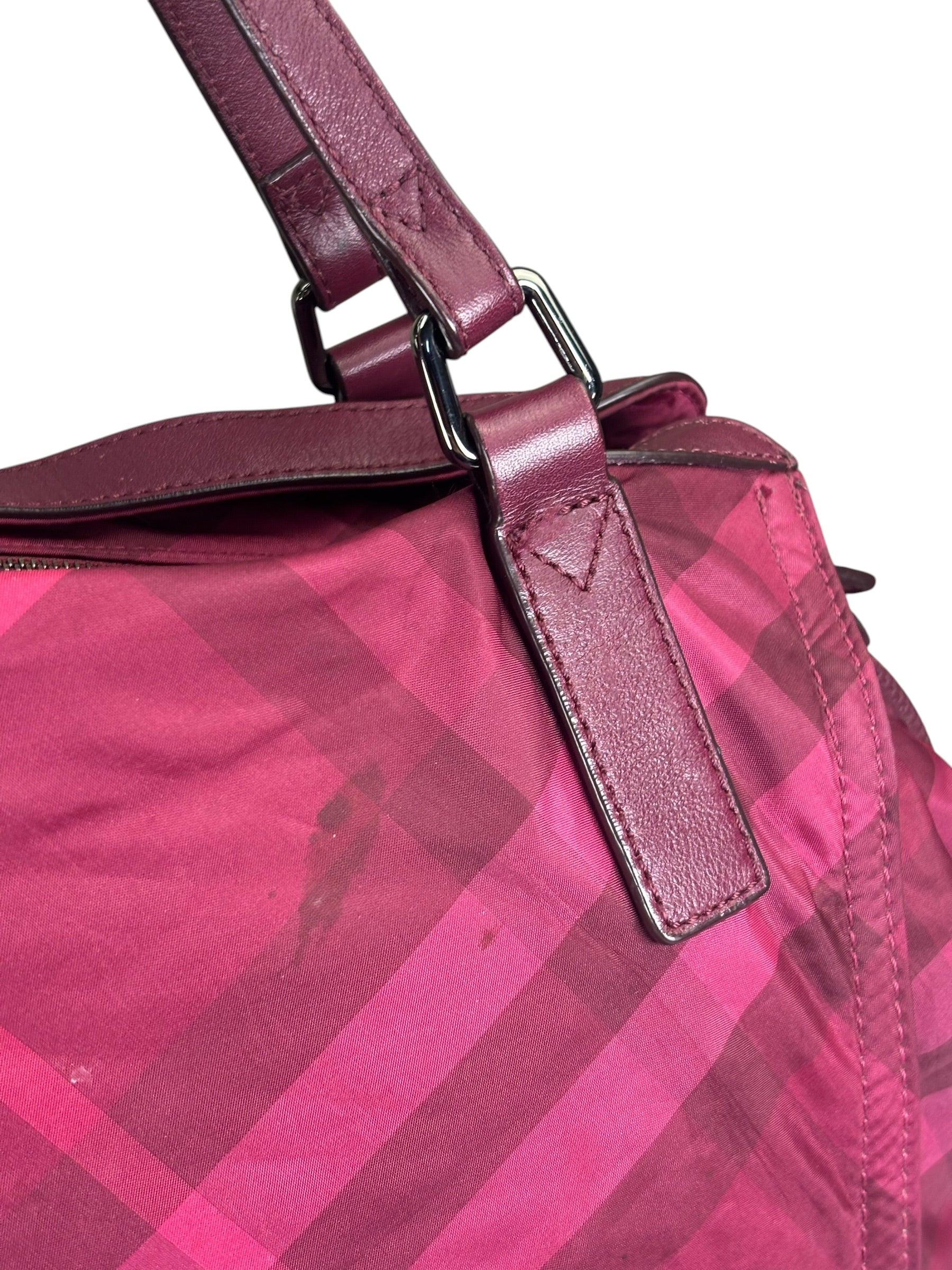 Burberry Plum Nylon/Leather Trim Nova Check Buckleigh Packable Tote