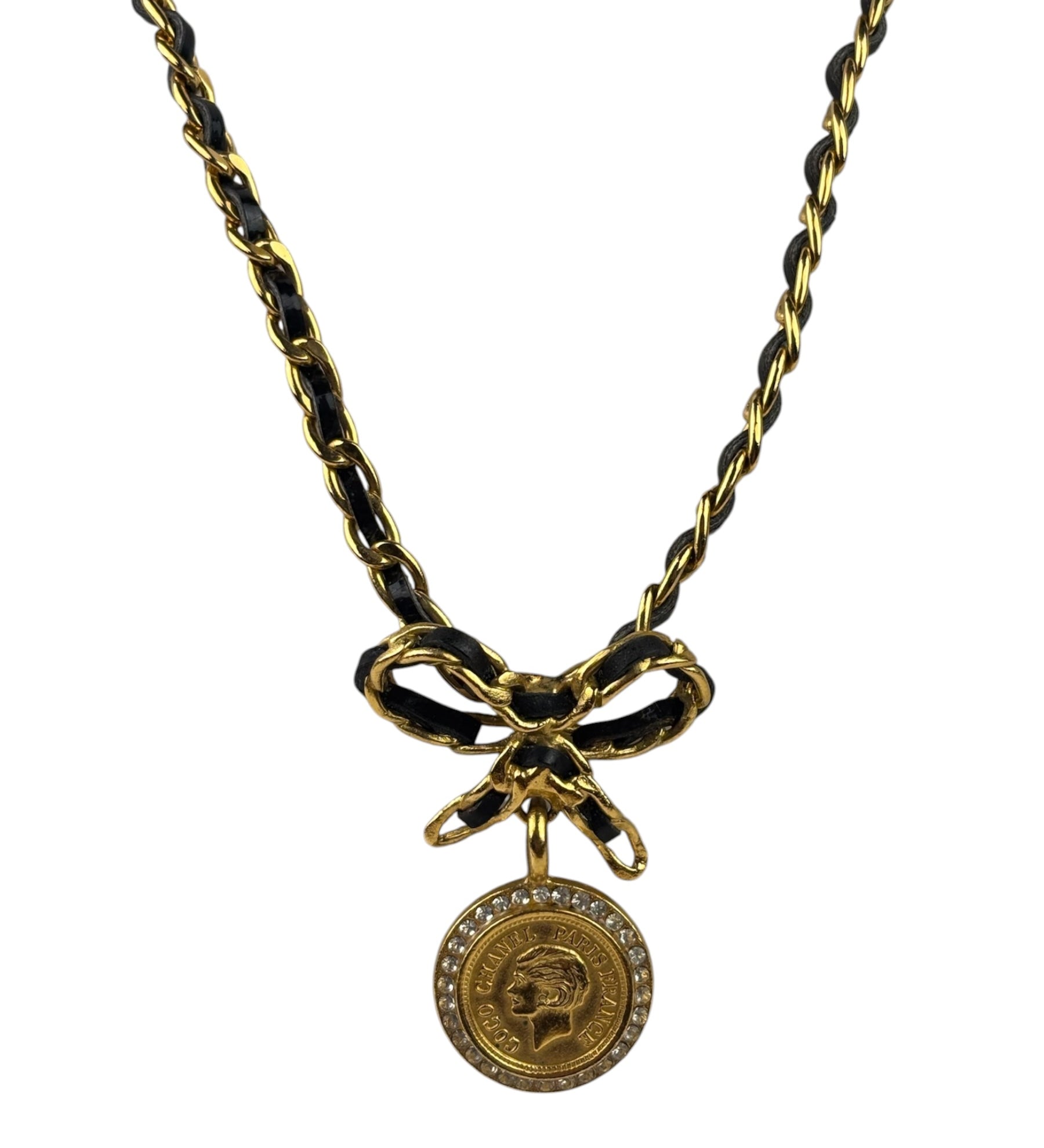 Chanel Vintage Strass & Patent Leather Bow Coin Choker Mid 90s