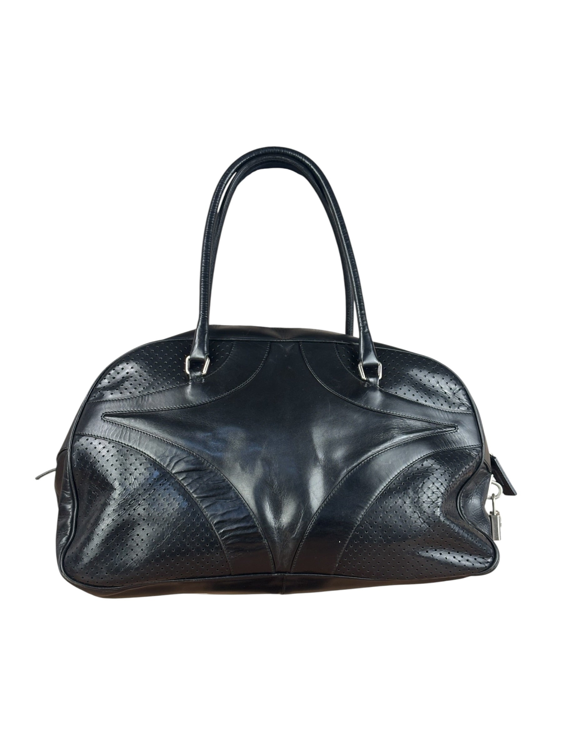 Prada Vintage Black Leather Vitello Drive Perforated Bowling Tote Bag