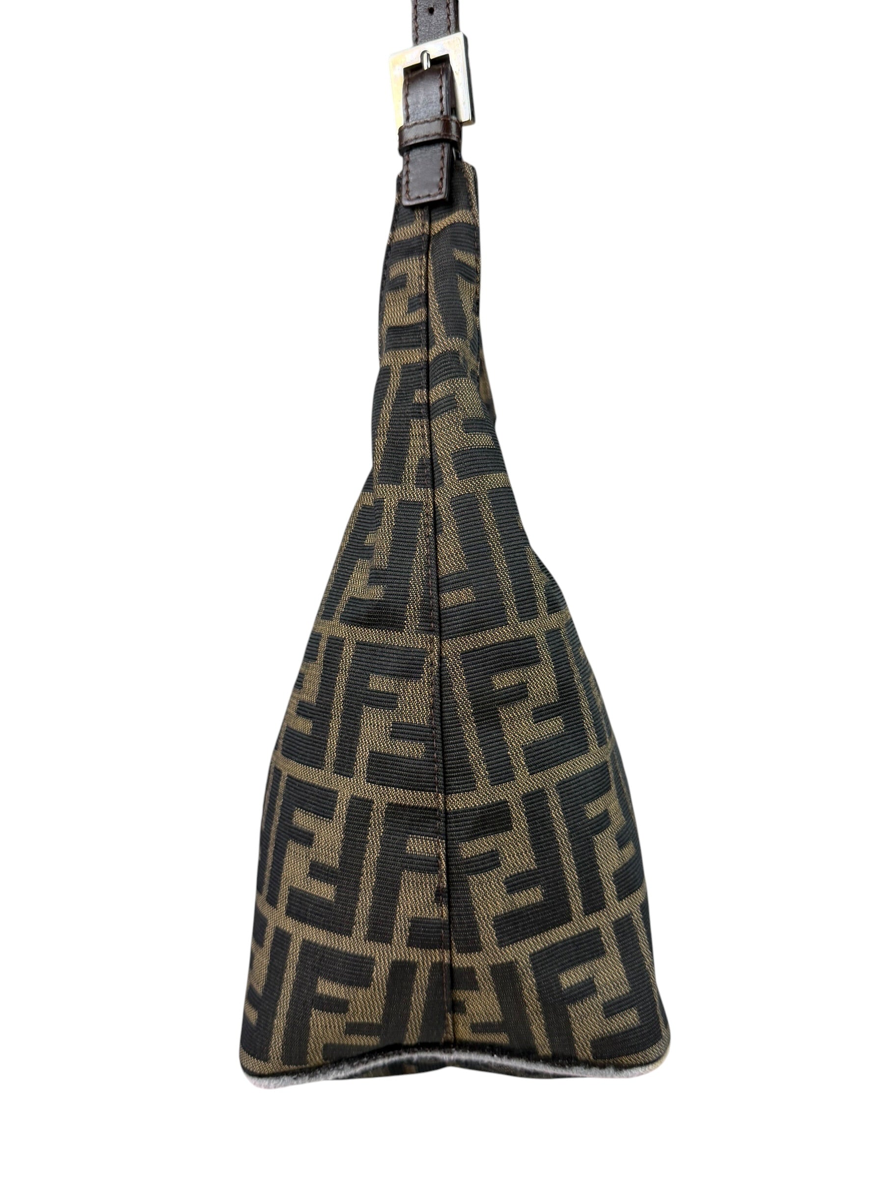 Fendi Brown Leather Trim Zucca Hobo Baguette