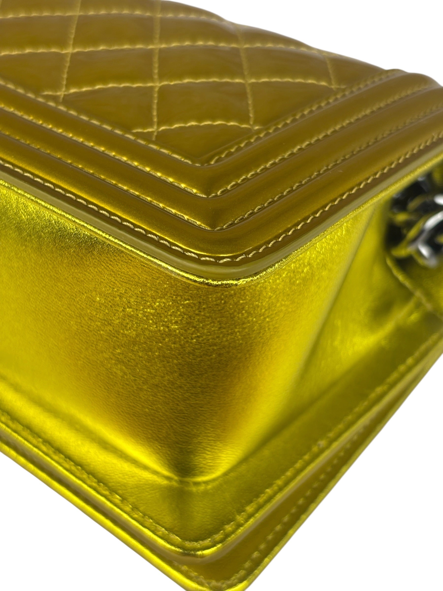 Chanel Metallic Yellow Quilted Patent Leather Mini Boy Flap Bag 2014
