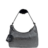 Prada Black Satin/Saffiano Leather Trim  Re-Edition Crystal-Studded Mini Pochette 2005
