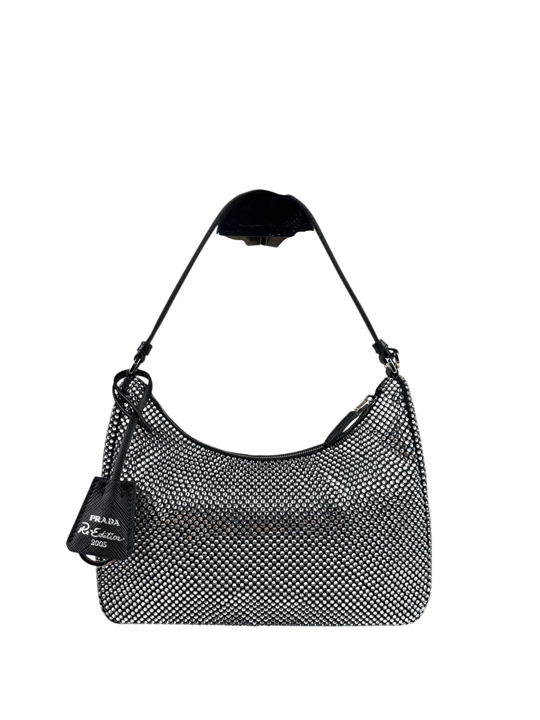 Prada Black Satin/Saffiano Leather Trim  Re-Edition Crystal-Studded Mini Pochette 2005