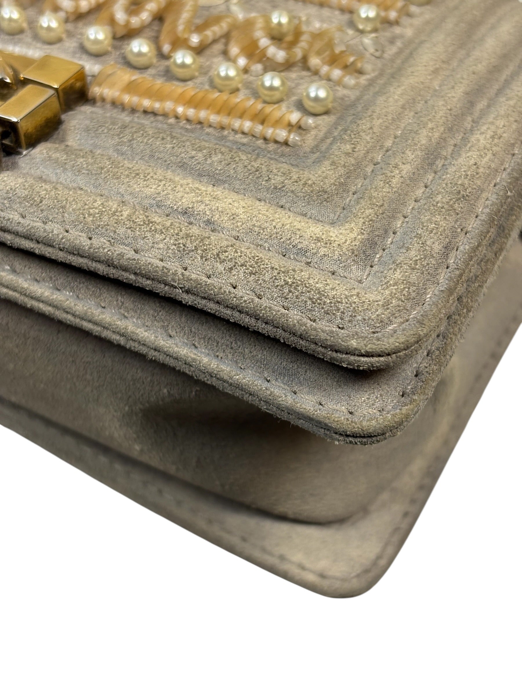 Chanel Grey Suede Beaded Pearl/Bead Boy Flap 2014