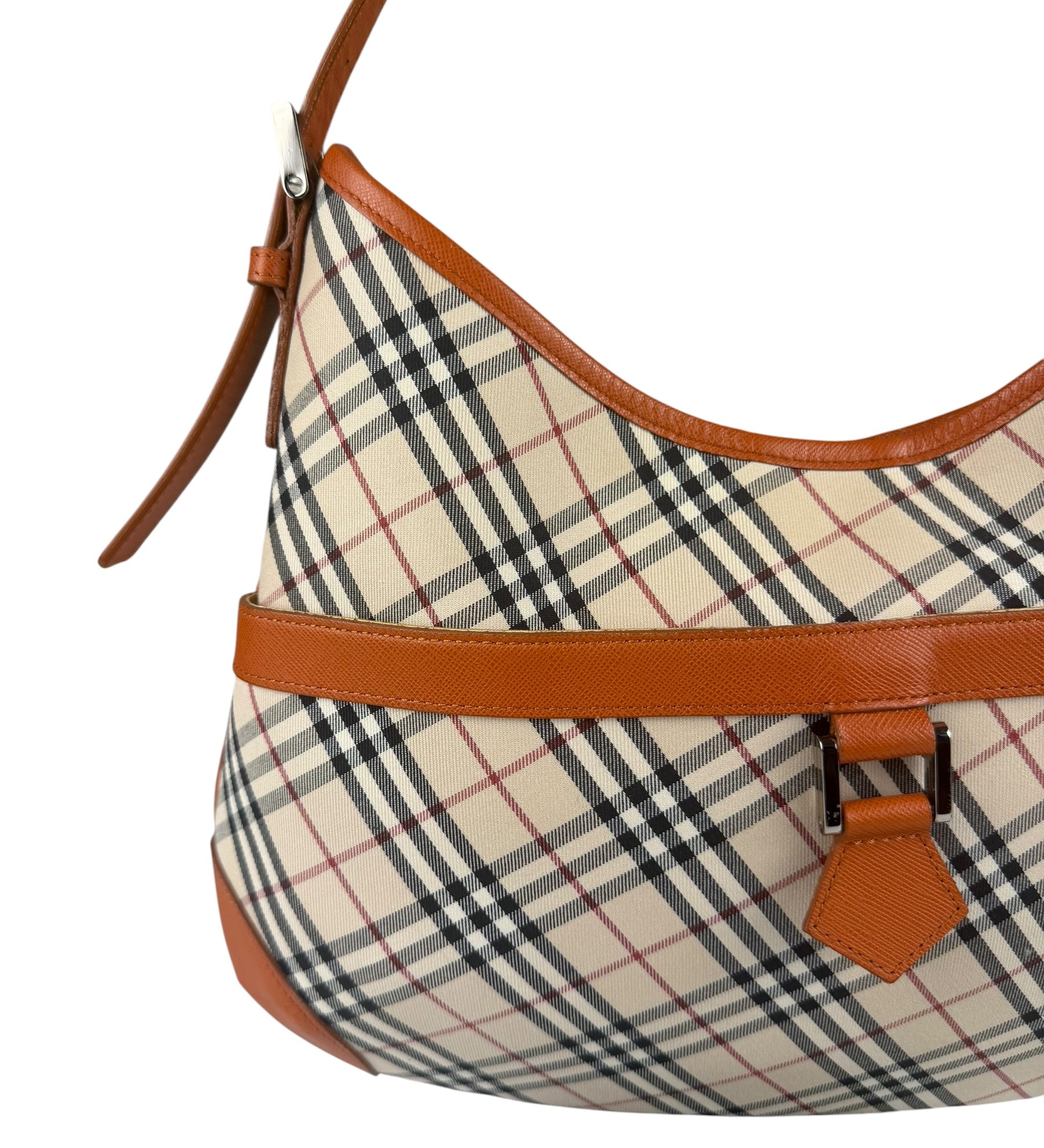 Burberry Orange Leather Trim Nova Check Hobo Bag